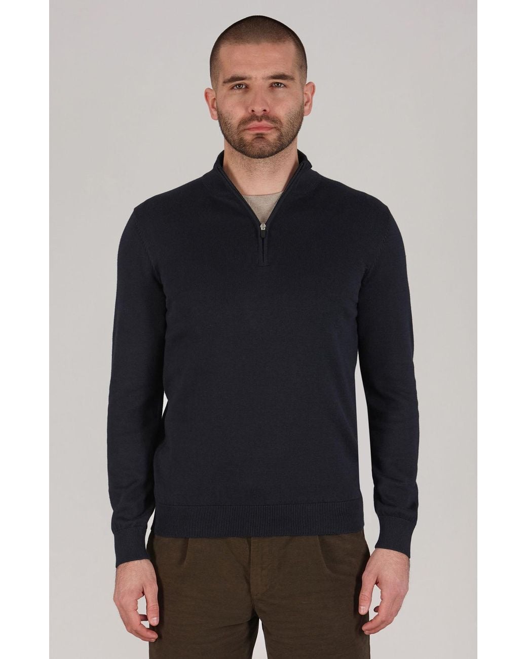 Paul James Knitwear Blue Lightweight Cotton Foster Zip Neck Jumper for men