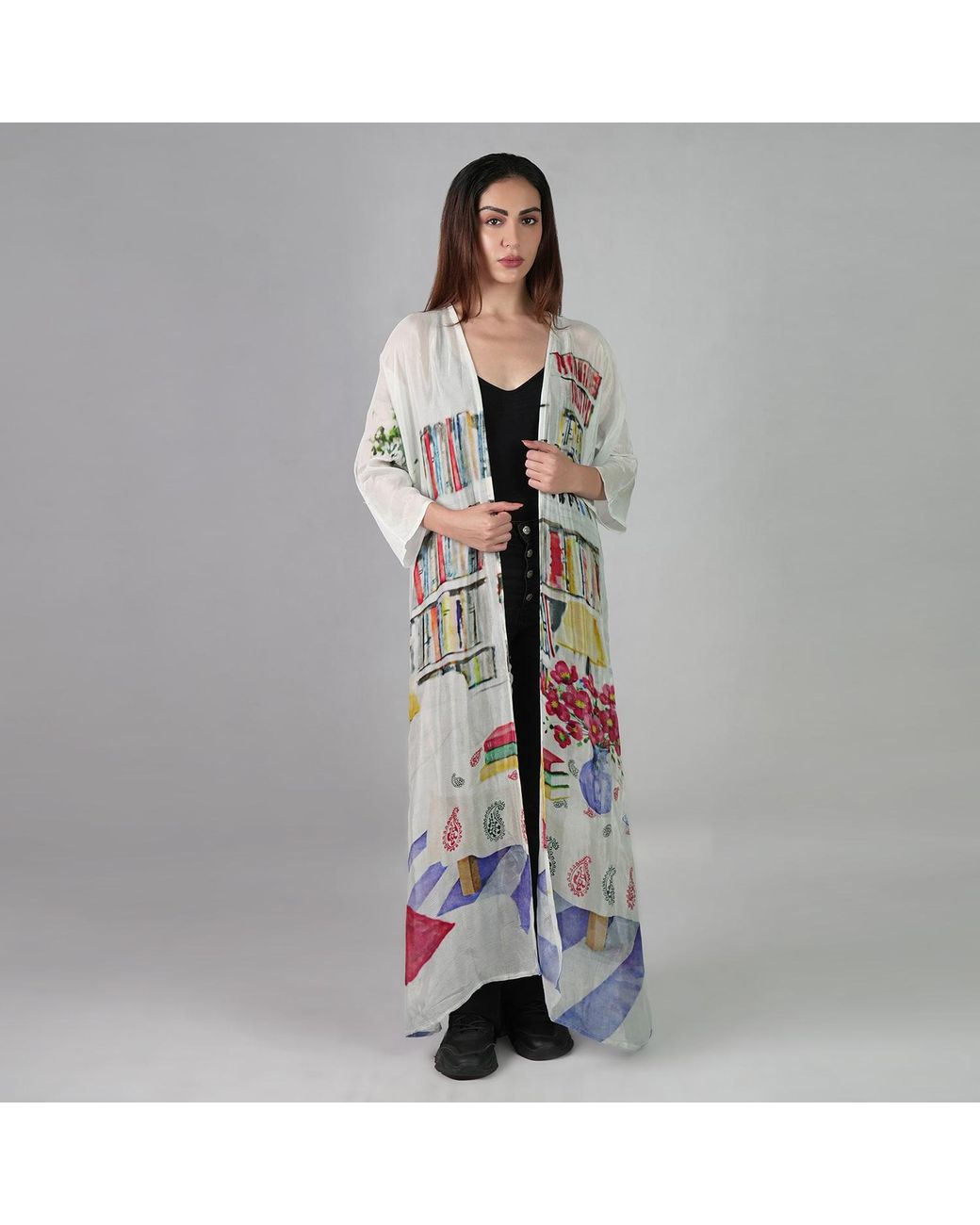 DHARA SHETH DUBAI White Abode Artistic Bookshelf Kimono Dress - & Library Print