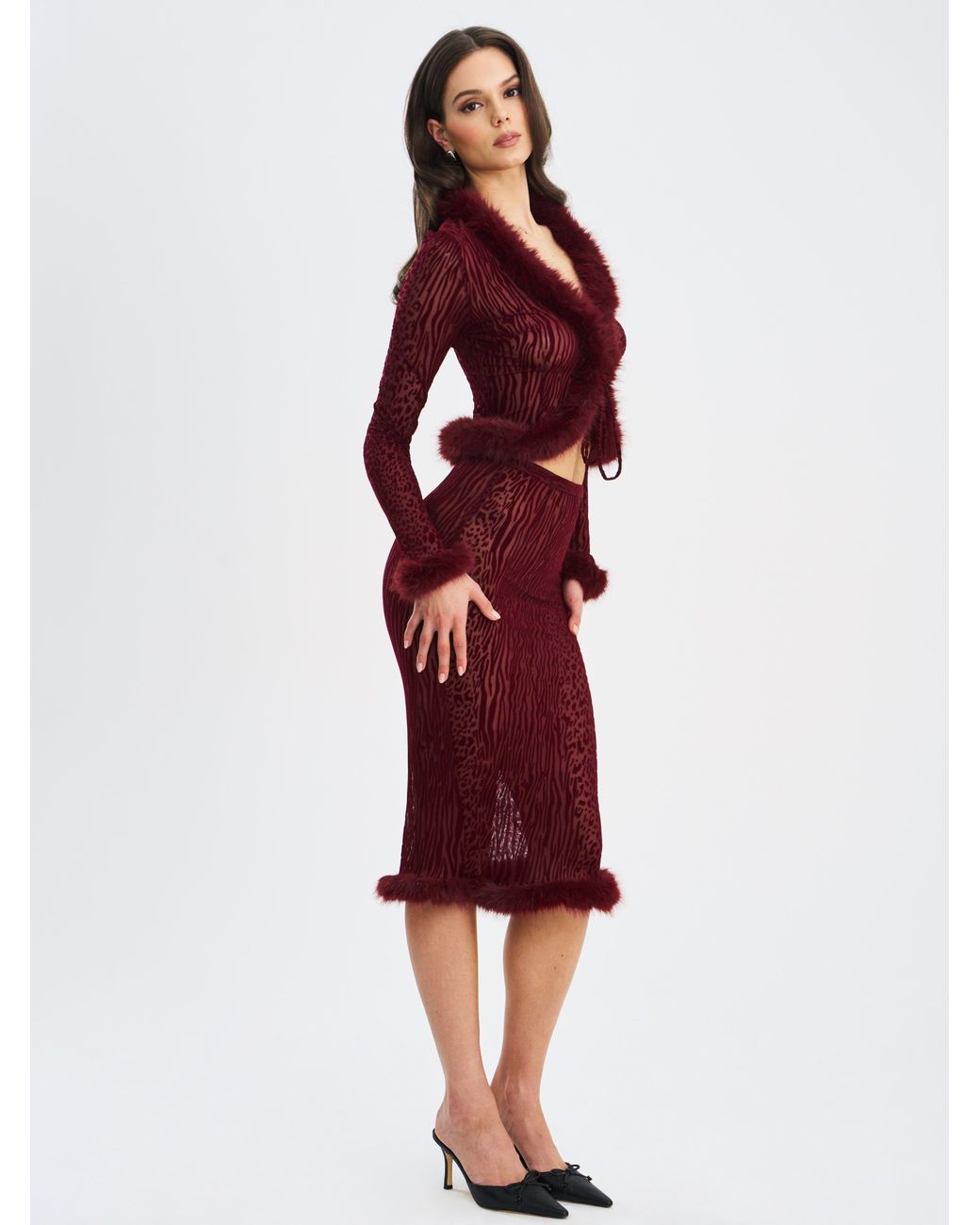 Miss Circle New York Red Halia Burgundy Animal Print Burnout Velvet Fur Trim Skirt