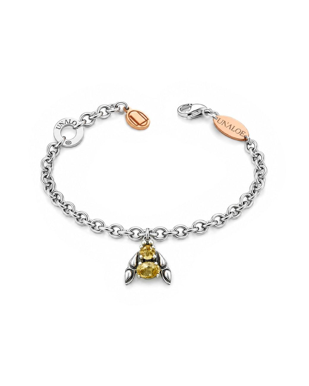 Unaloe Metallic Sterling Fly Charm Bracelet With Faceted Stones