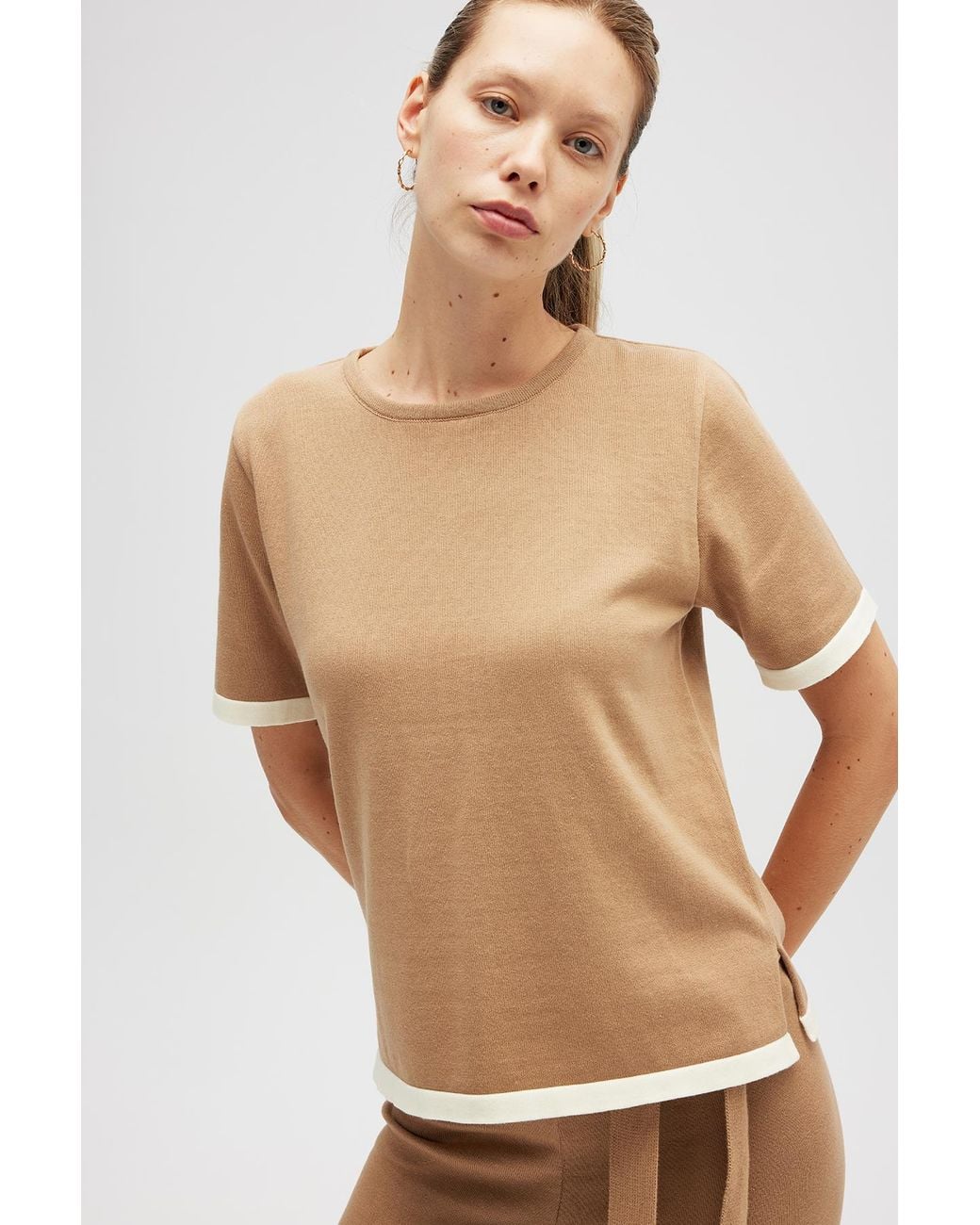 Peraluna Brown Rumi Knit Slit Cotton Blouse