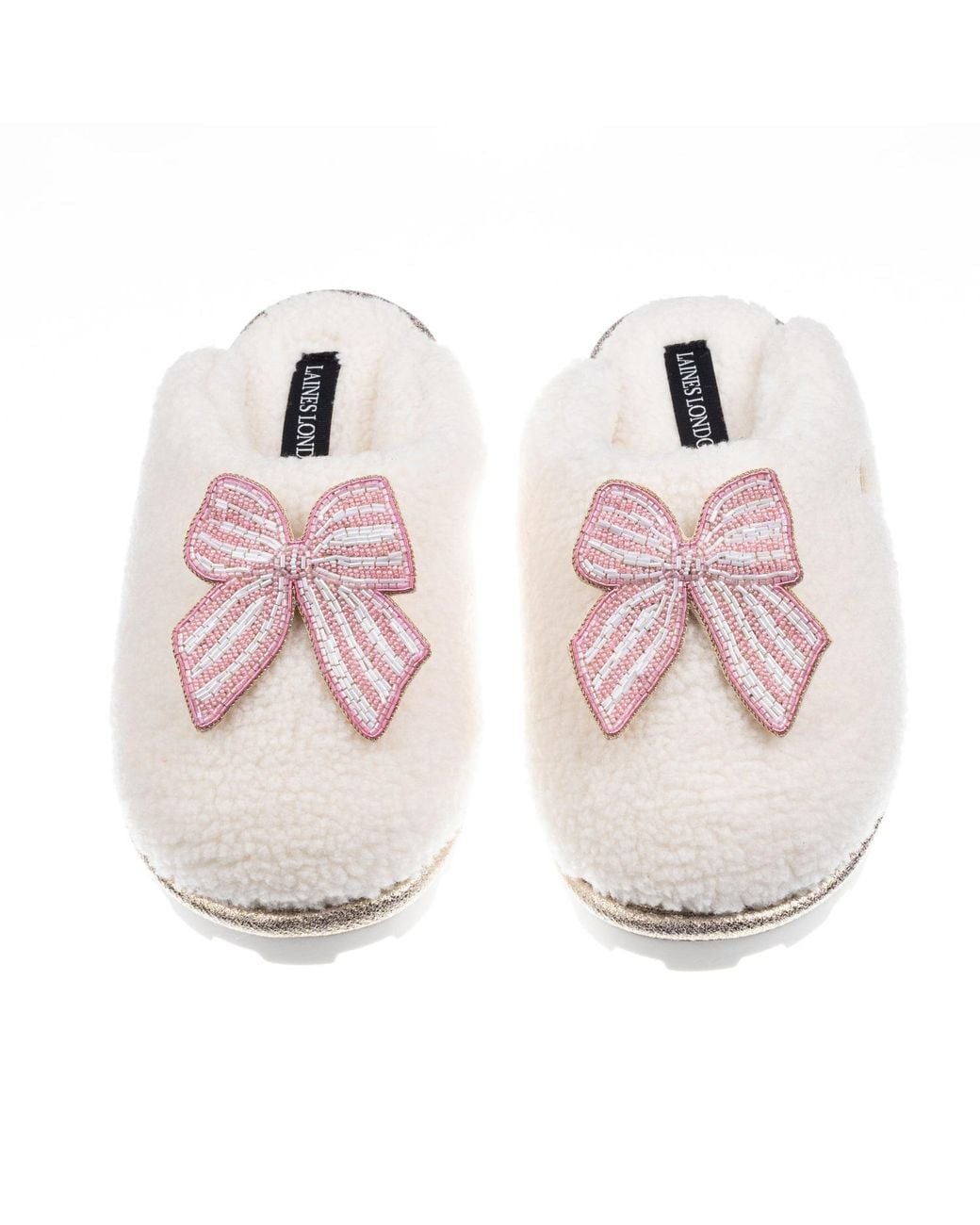 Laines London Pink Neutrals Teddy Closed Toe Slippers With Stripe Bow Brooches