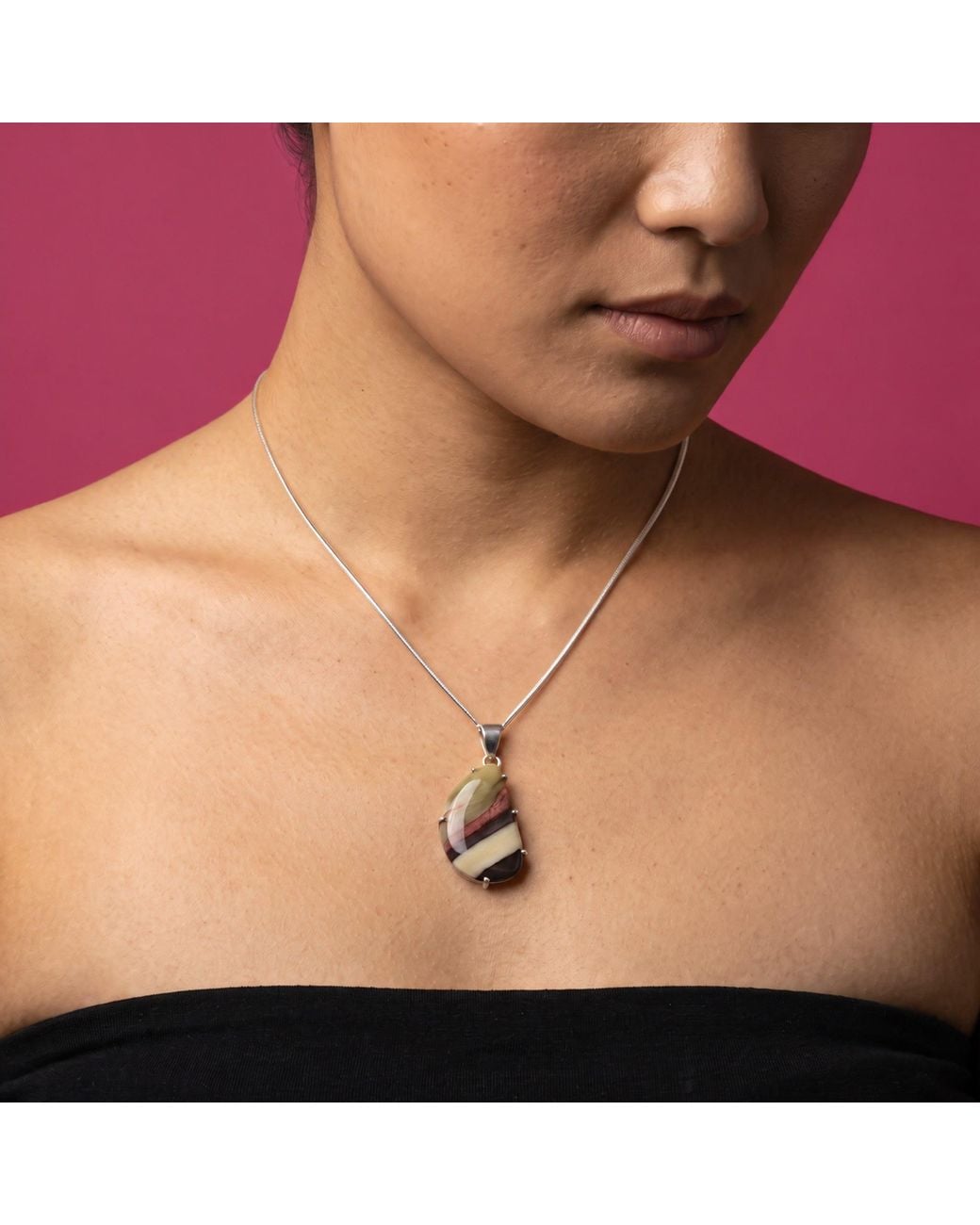 Saéa Metallic Cream Rose And Plum Mookaite Jasper Freeform Pendant Necklace