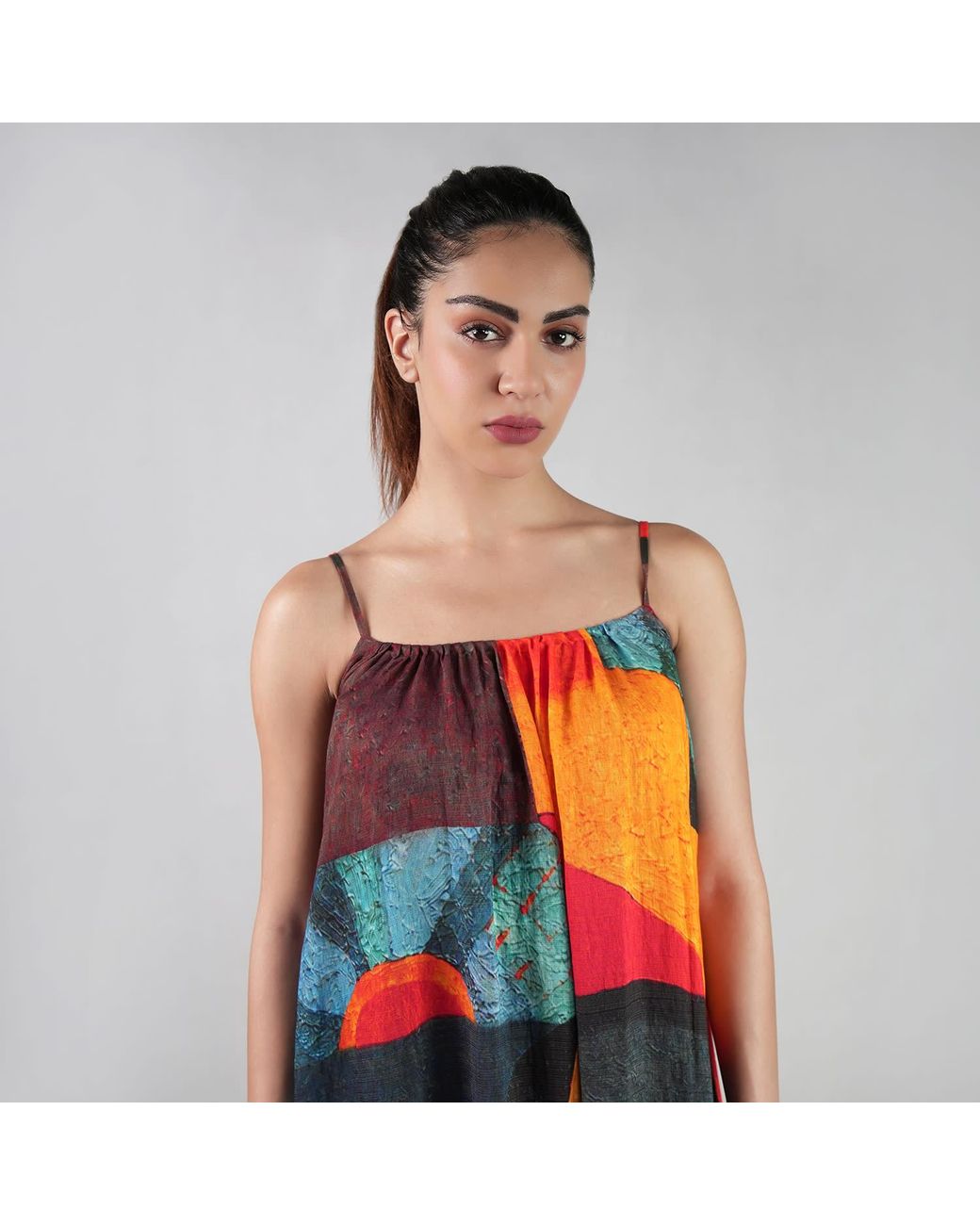 DHARA SHETH DUBAI Red Muse Abstract Art Spaghetti Strap Maxi Dress