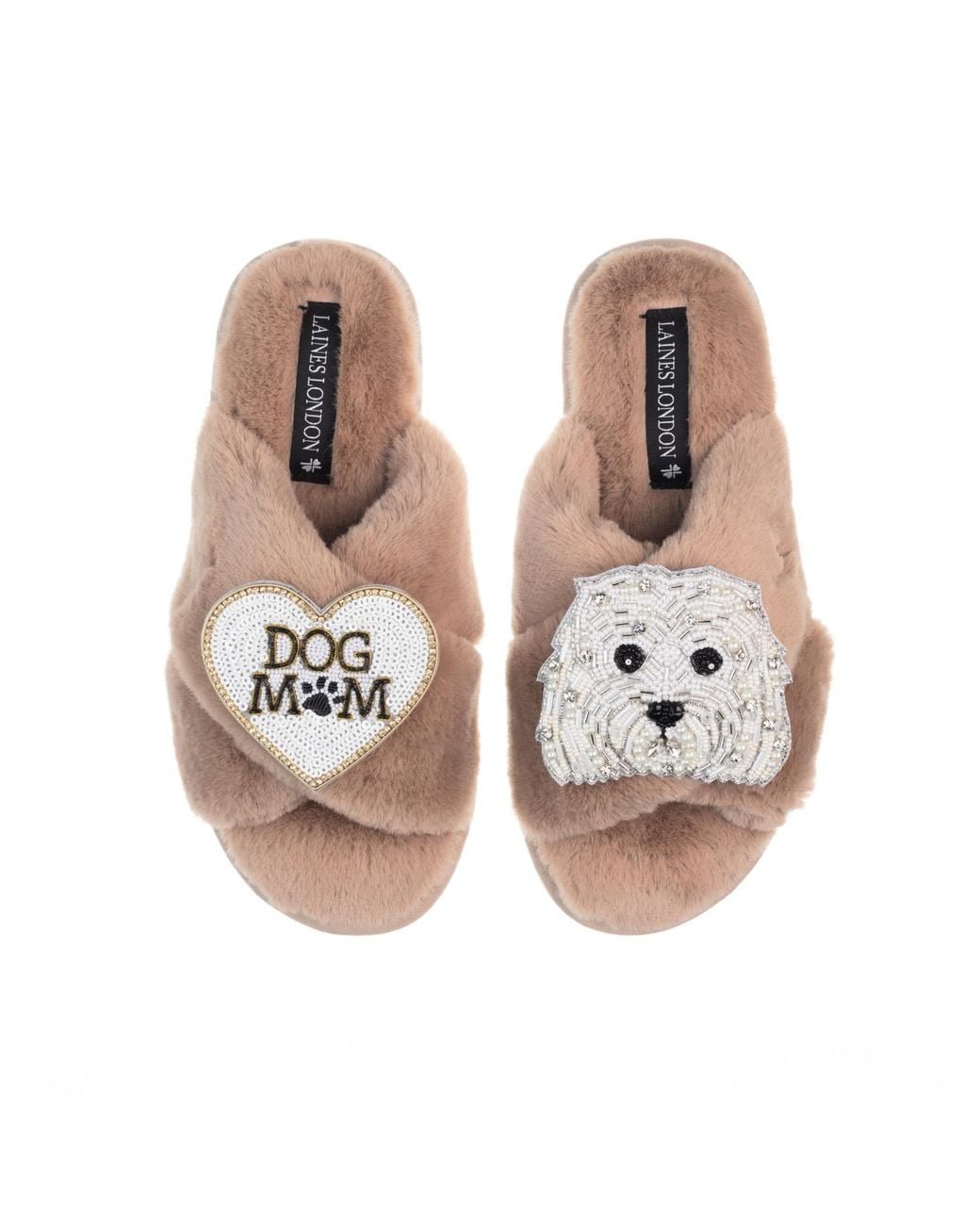 Laines London Brown Classic Laines Slippers With Queenie The Bichon Frise & Dog Mum Mom Brooches