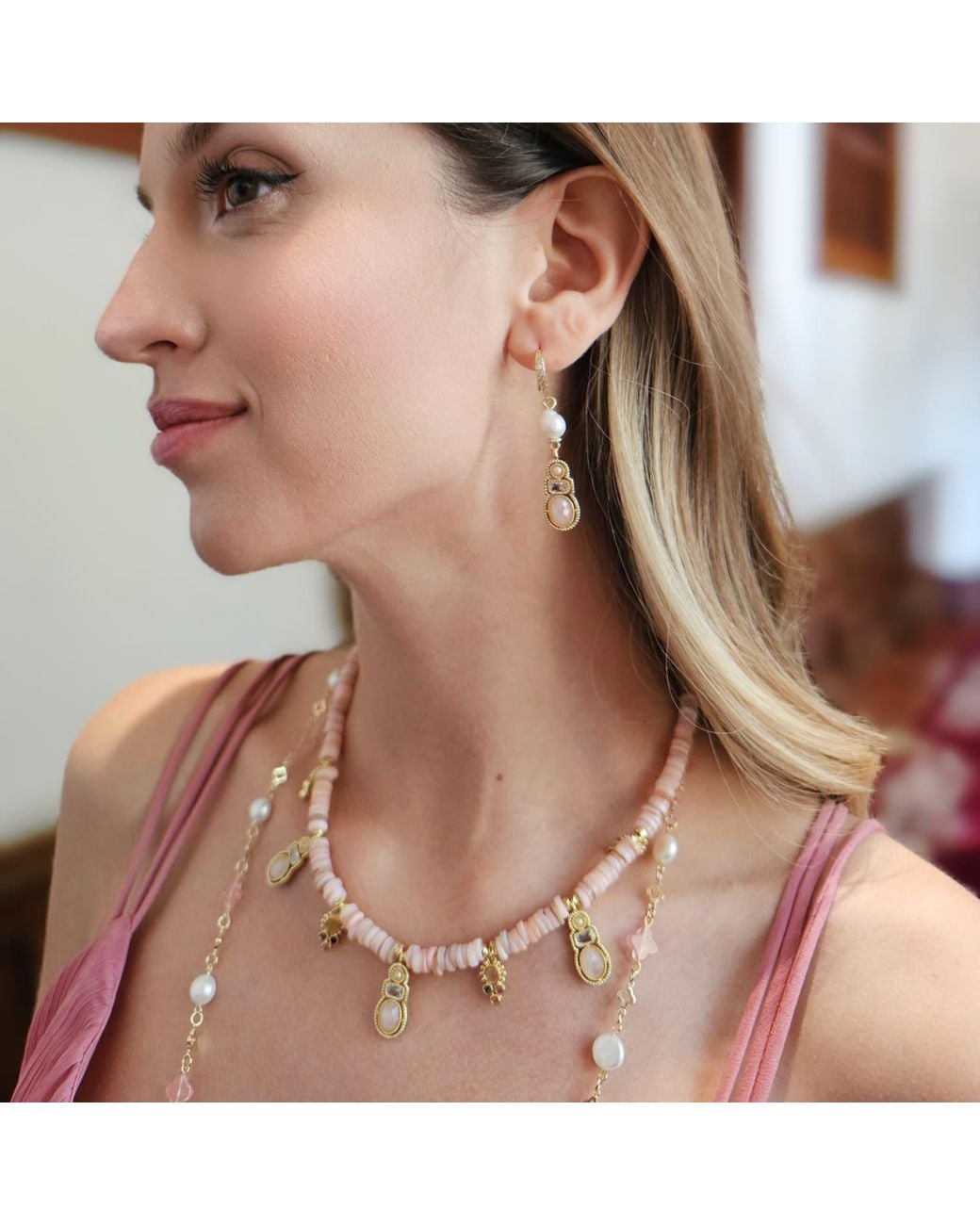 Farra Pink Bohemian Shell With Rose Quartz Pendant Necklace