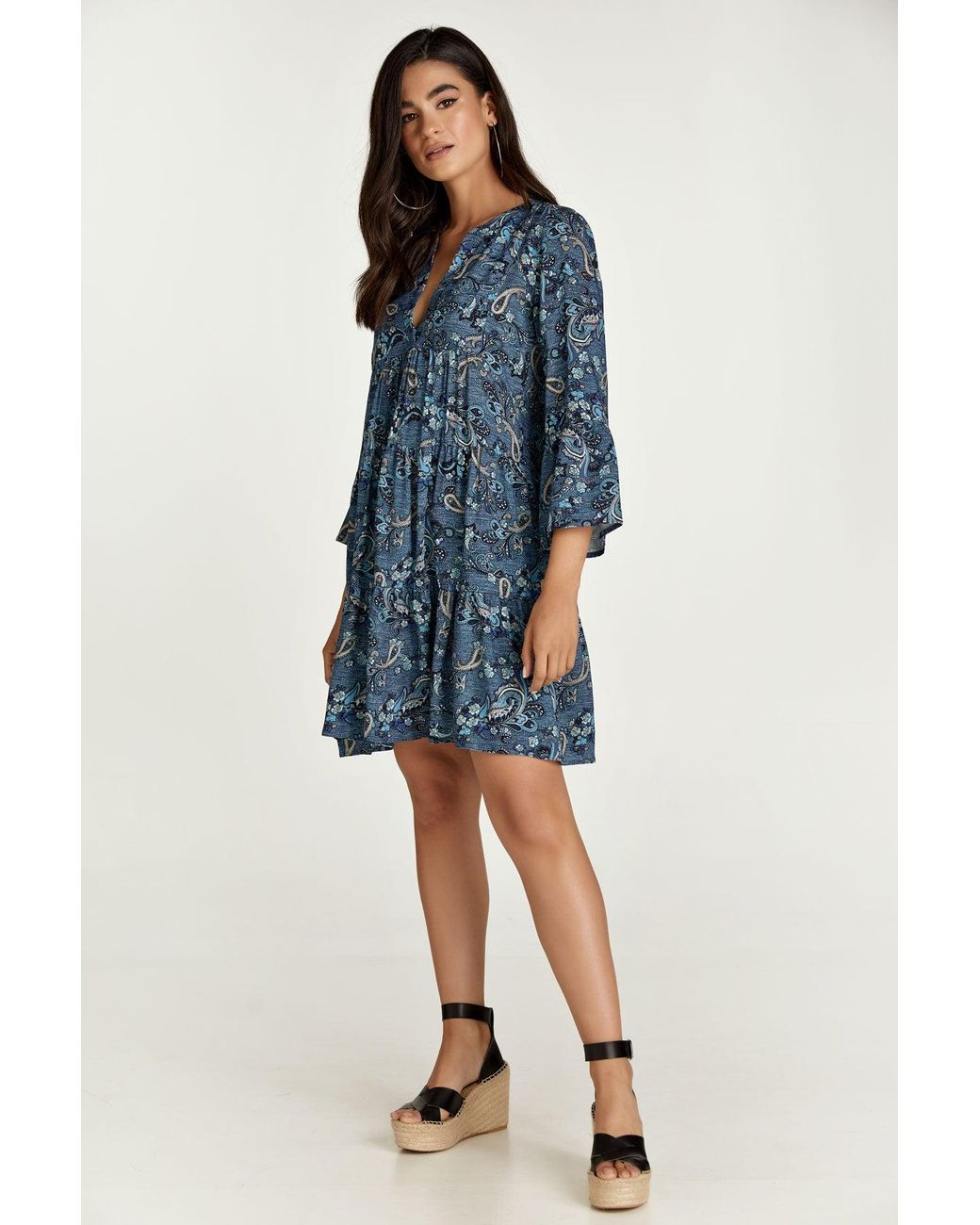 Conquista Blue Paisley Print A Line Dress