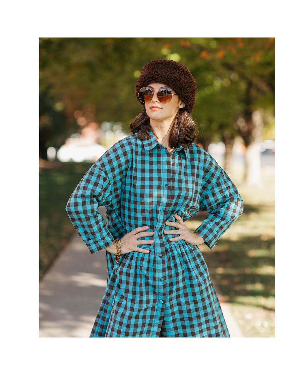 Zenzee Blue Cotton Linen Gingham Shirt Dress