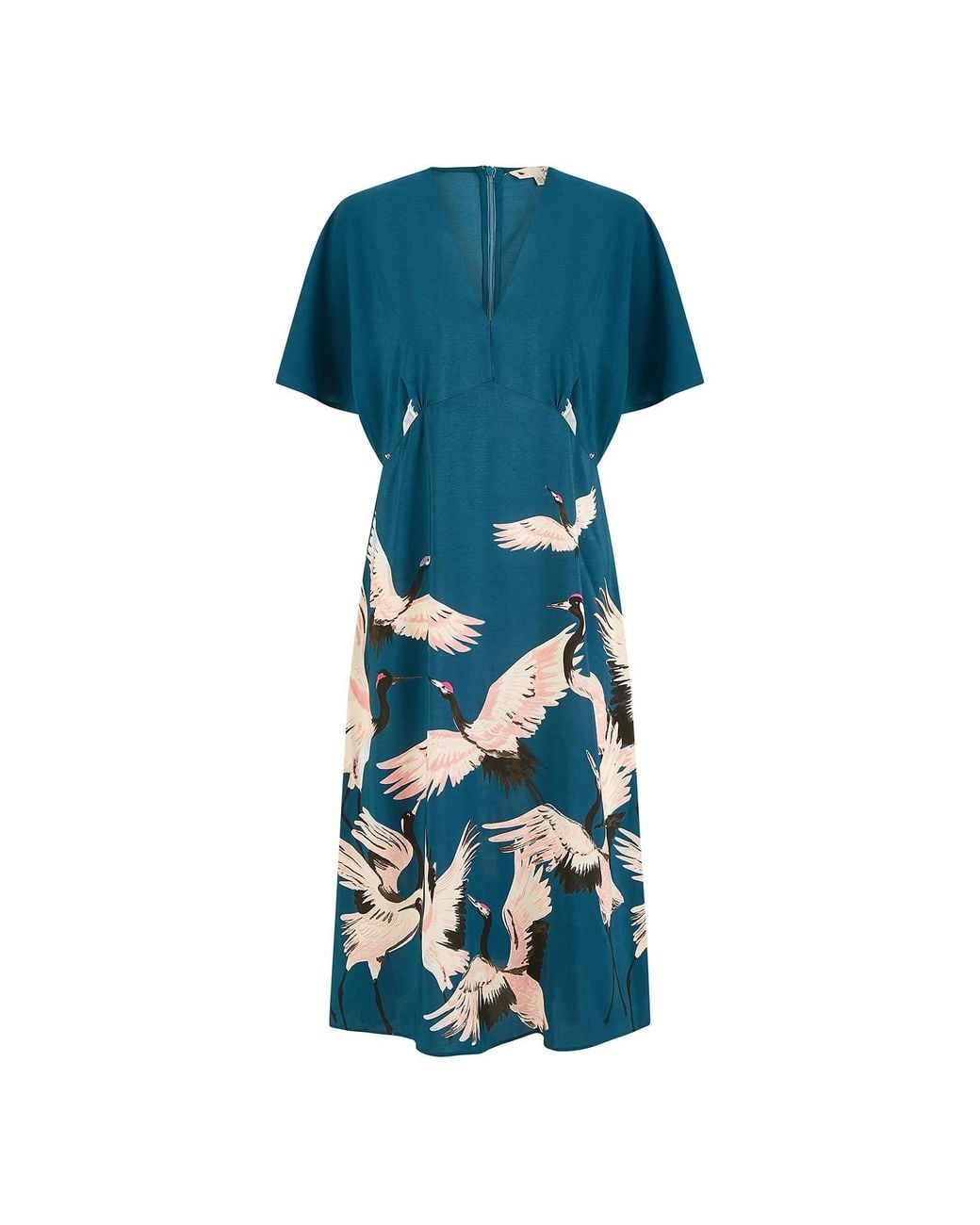 Yumi' Blue Recycled Fabric Crane Print Kimono Midi Dress