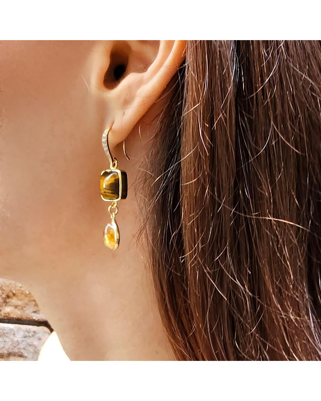 Farra Metallic Tiger Eye With Citrine Dangle Comfort Earrings