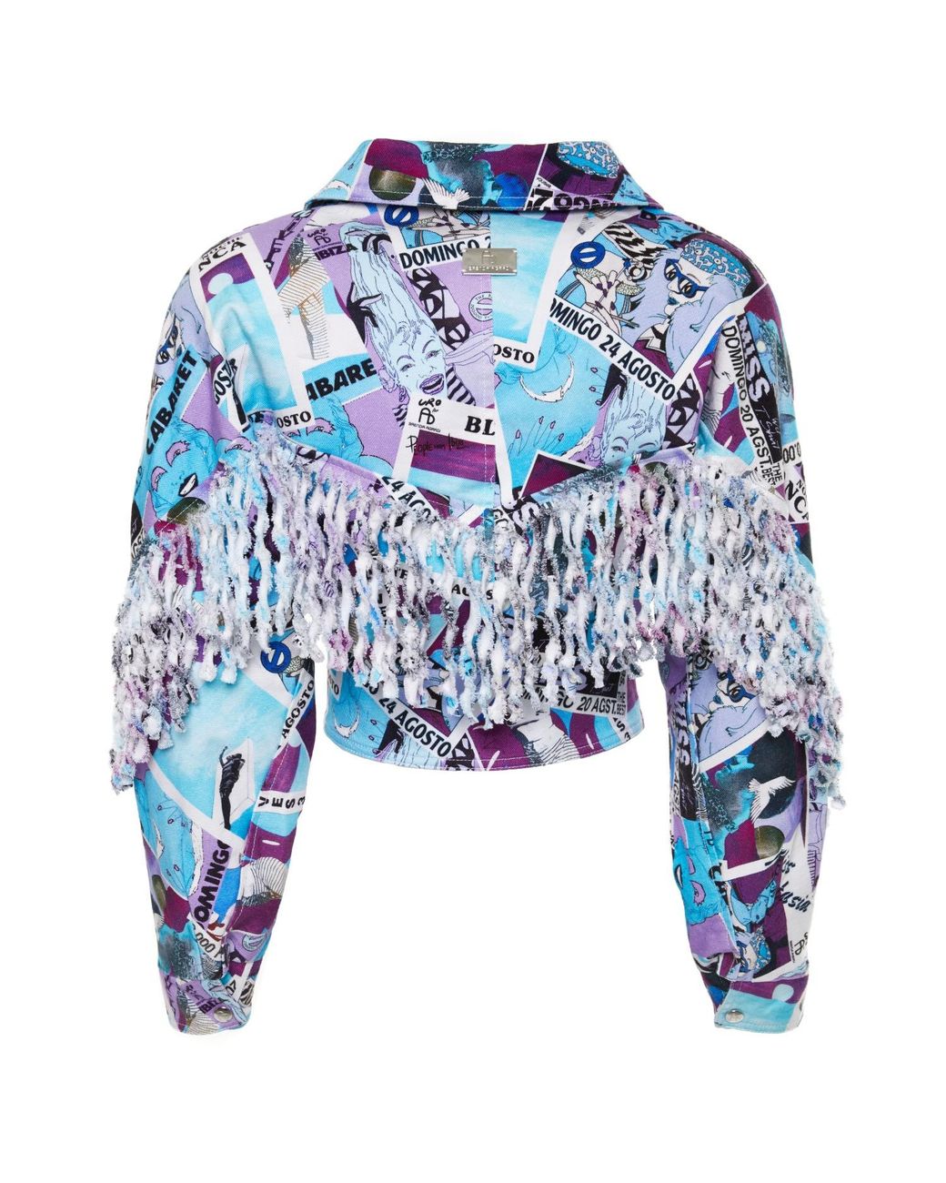 Brenda Agradi Blue Ibiza Style Printed Fringed Bomber Jacket