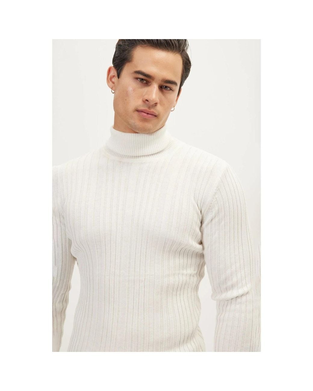 Ron Tomson White Roll Neck Ribbed Sweater for men