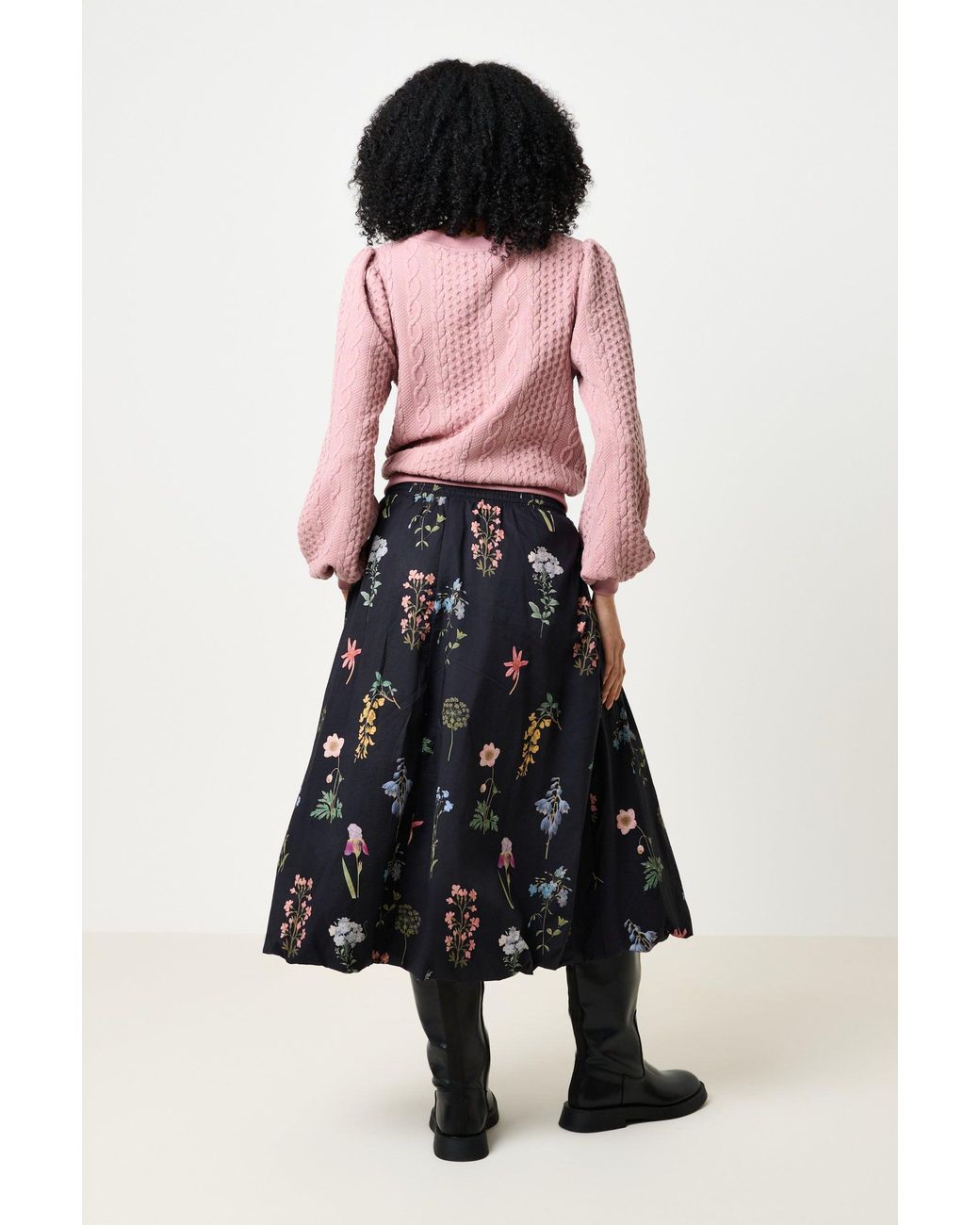 Louche Blue Dixie Flower Press Print Balloon Hem Midi Skirt