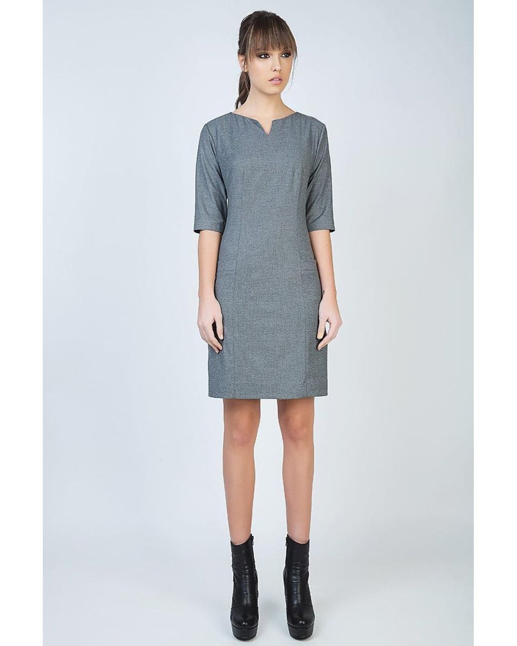 Conquista Gray Elbow Sleeve Straight Tailored Dress
