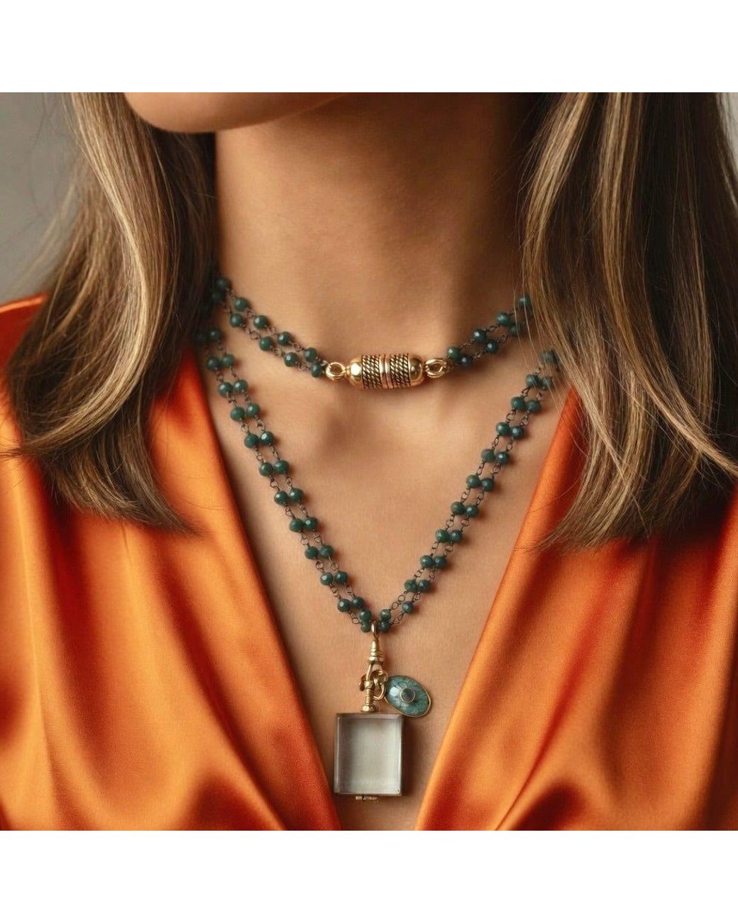 Persia Dona Jewelry Green Onyx X Vintage Locket Necklace