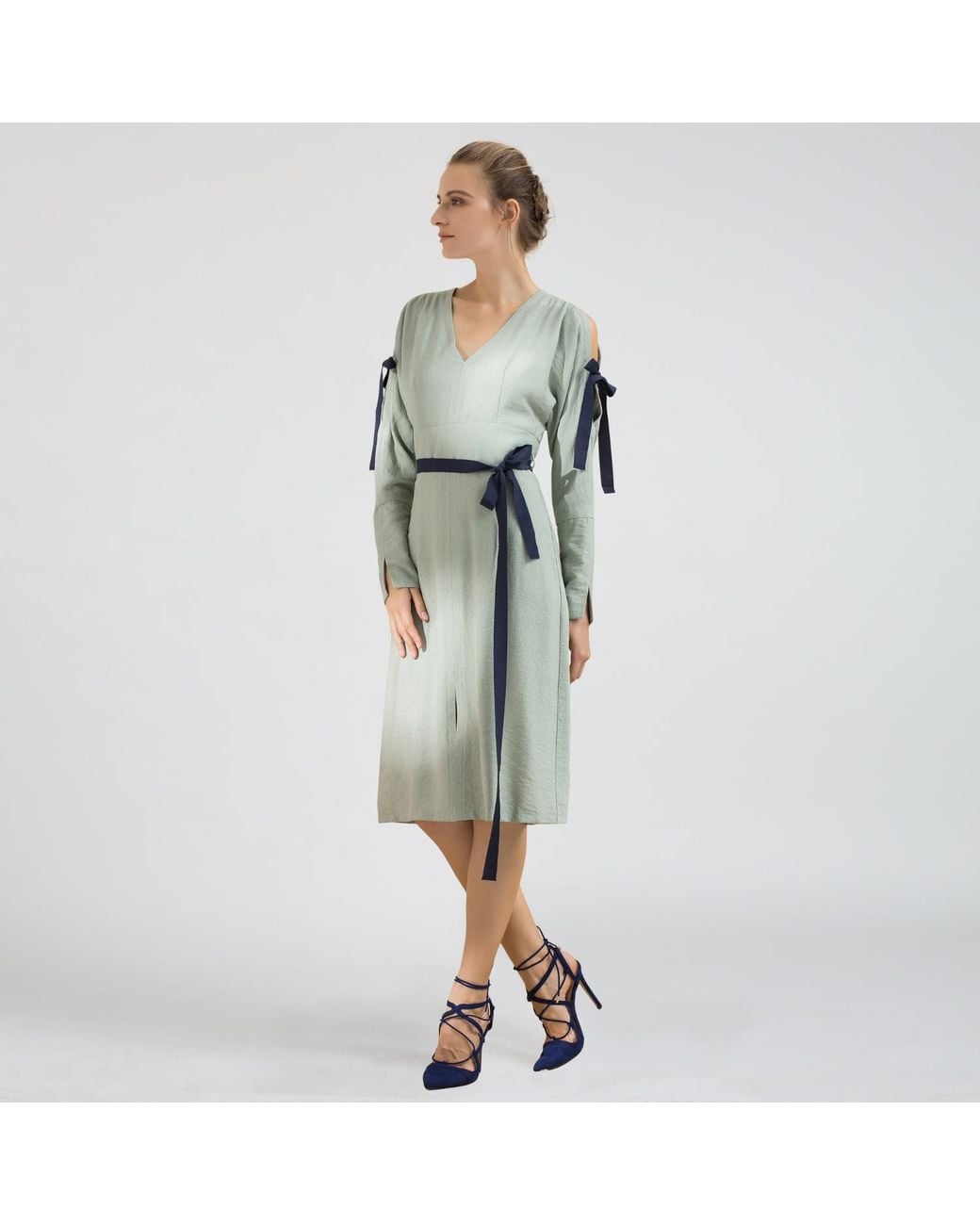 Smart and Joy Green Cold Shoulder V-Neck Dress