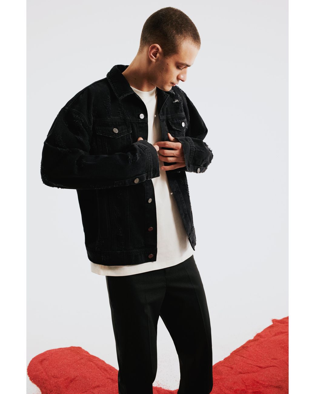 Pcfg Black Distressed Denim Jacket for men
