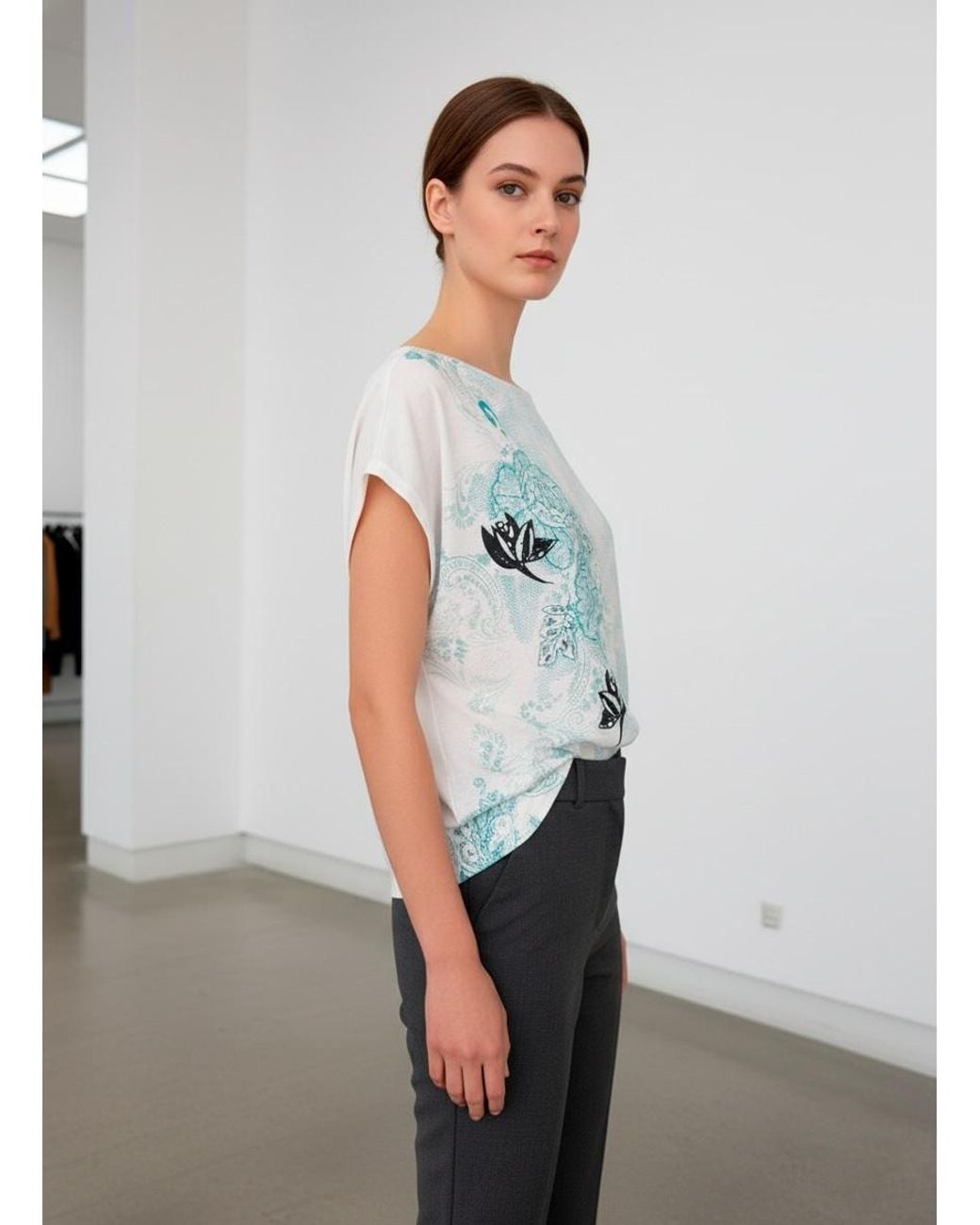 Conquista Blue Printed Short-Sleeve Top With Floral & Ornamental Motifs