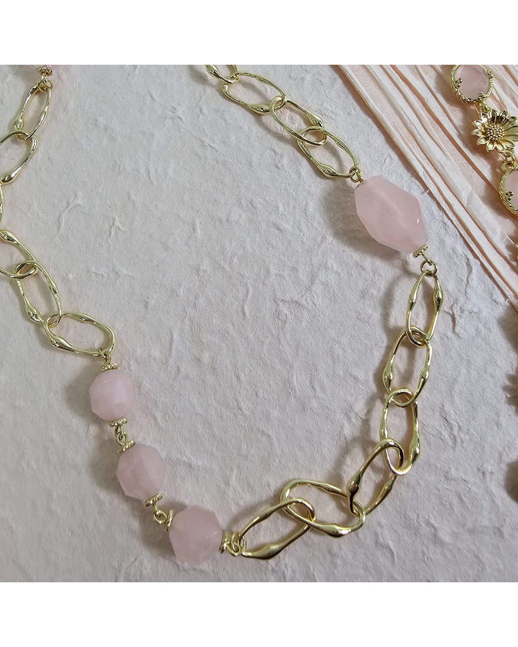Farra Metallic Nugget Rose Quartz With Chain Long Necklace
