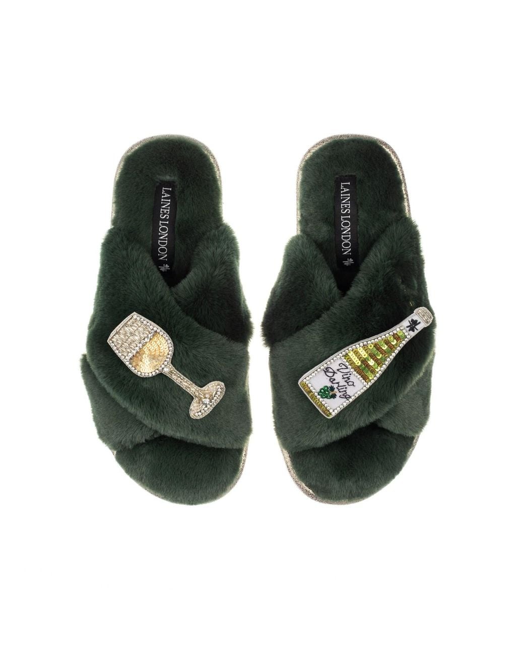 Laines London Green Classic Laines Slippers With Vino Darling Brooches