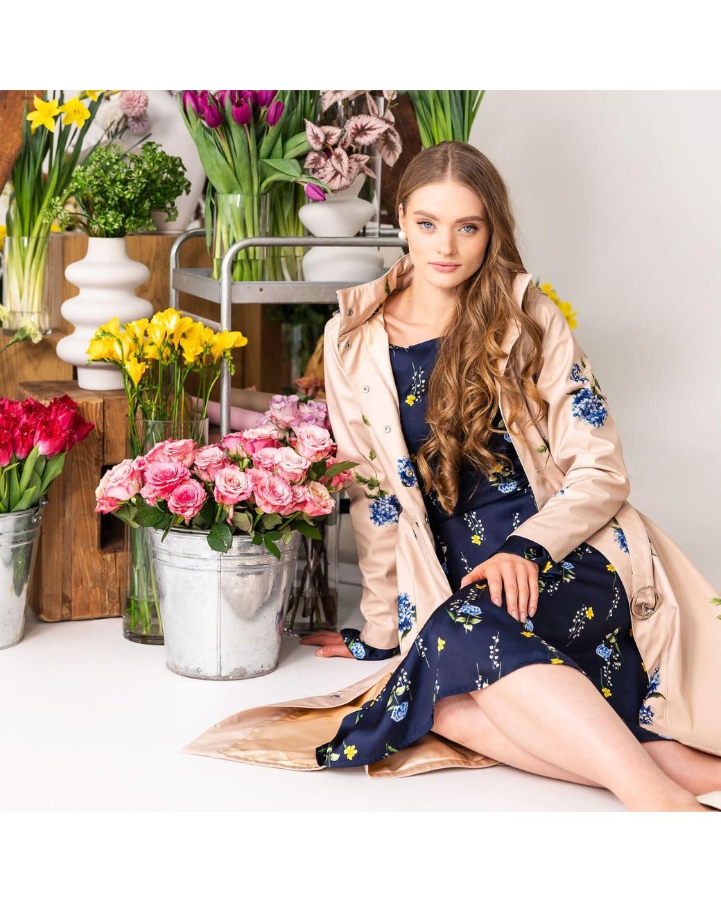 RainSisters Blue Adjustable Waist Midi Dress: Meadow Dream
