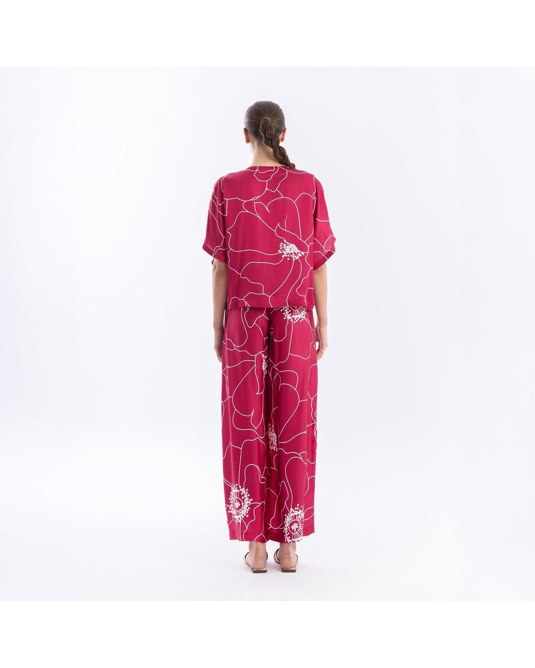 Haris Cotton Red Printed Satin Bolero Fuchsia Peonies