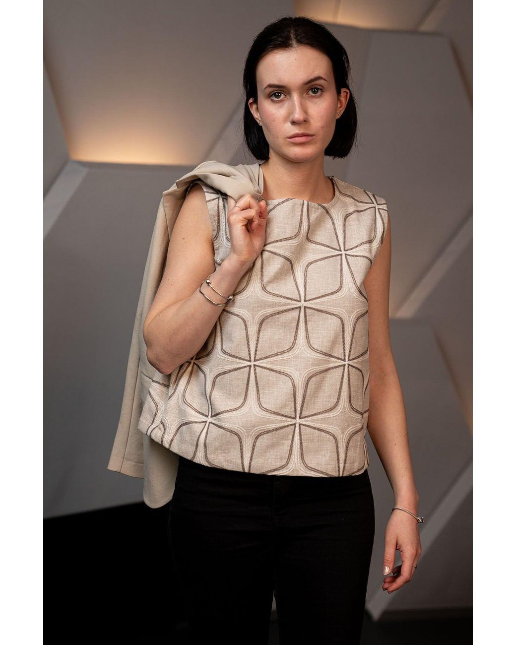 Stovaria Natural Neutrals Embroidered Linen Structured Sleeveless Statement Top