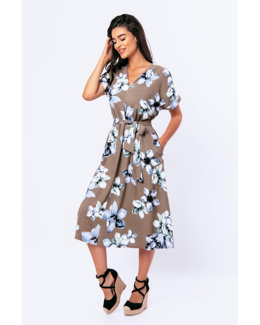 Conquista Blue Linen Style Floral Print Midi Dress With Belt