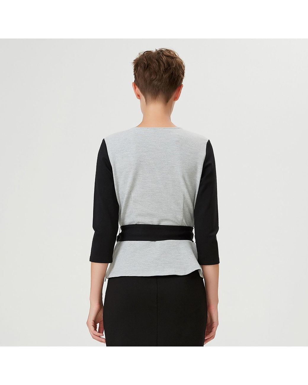 Smart and Joy Gray Peplum Top With Cross-Heart Effect & Belt