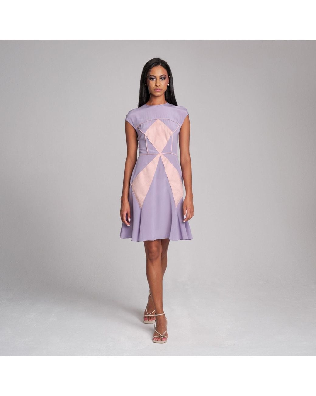 Imaatu Purple Trapez Silk Mini Dress – Alcantara Geometric Inlays & Open Back Detailing