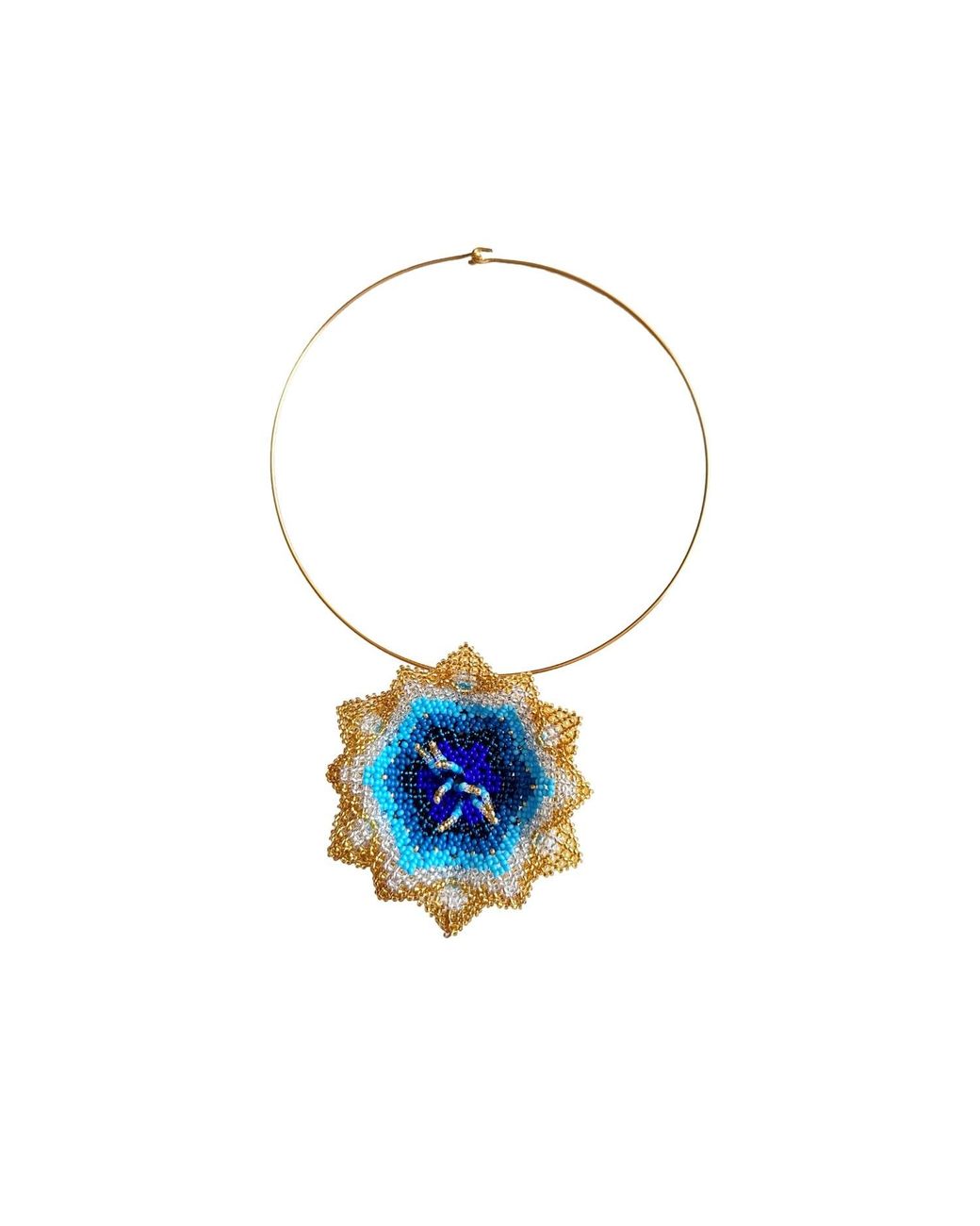 Iliana Arrazola Blue Pasiflora Flower Choker, Glass Beads, Beaded Jewelry