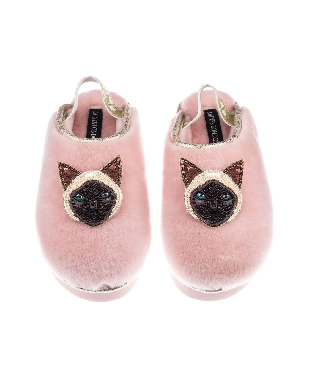 Laines London Pink Flatform Cloud Slippers With Double Siamese Cat Brooches