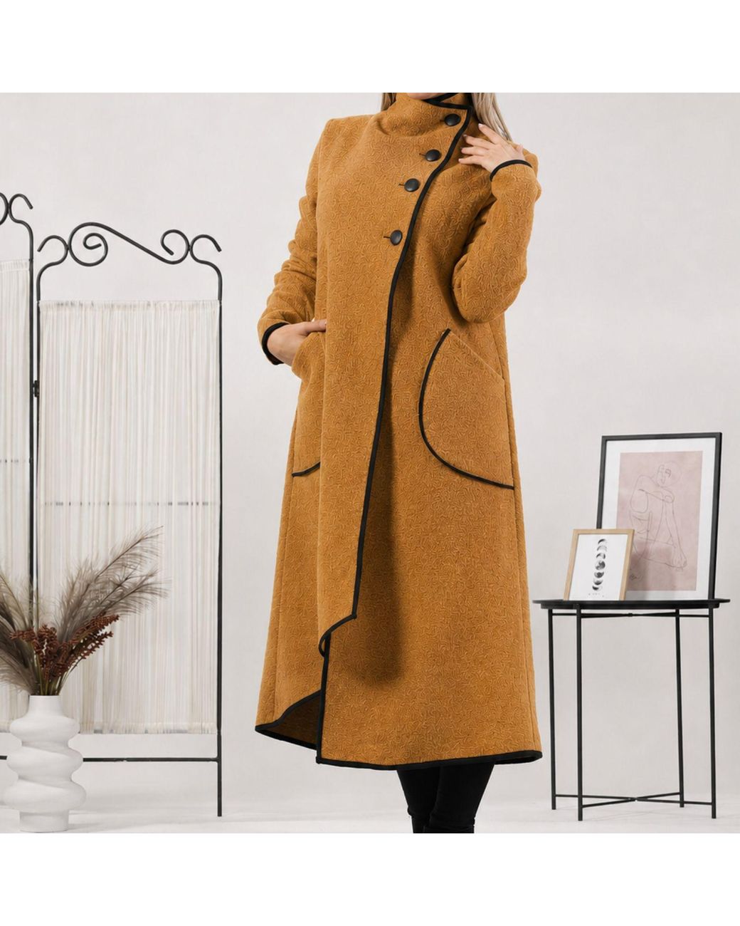 Nikka Place Brown Boiled Wool High Neck Cardigan With Pockets