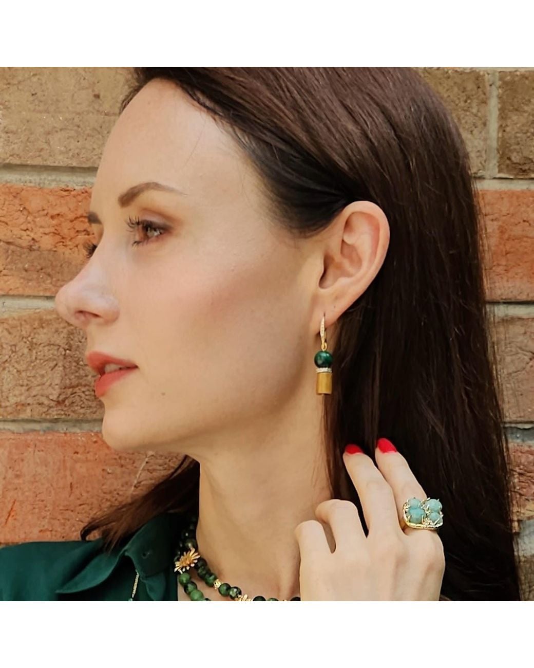 Farra Green Golden Coral With Malachite Dangle Earrings