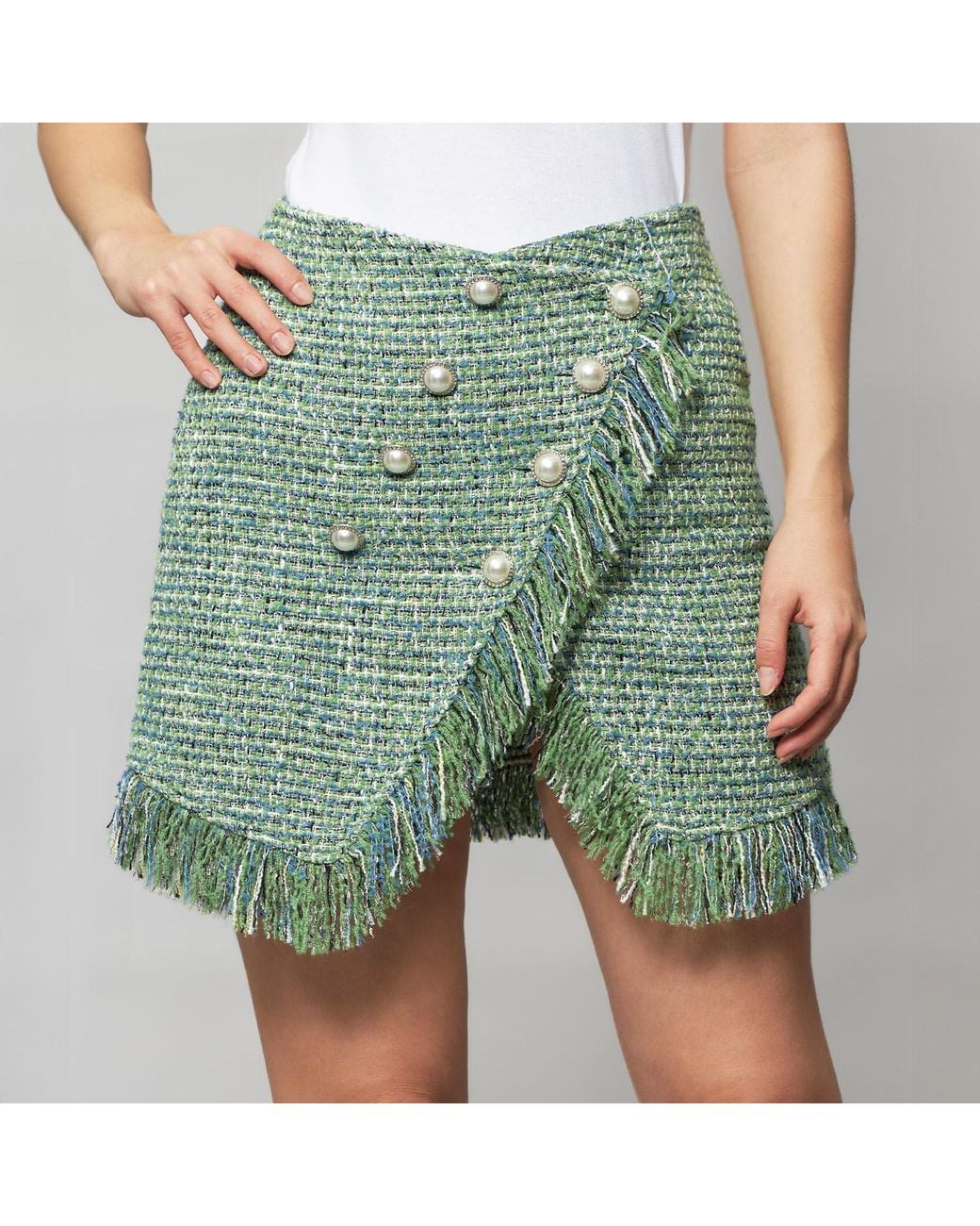 Solgo Atelier Green Cora Tweed Wrap Mini Skirt