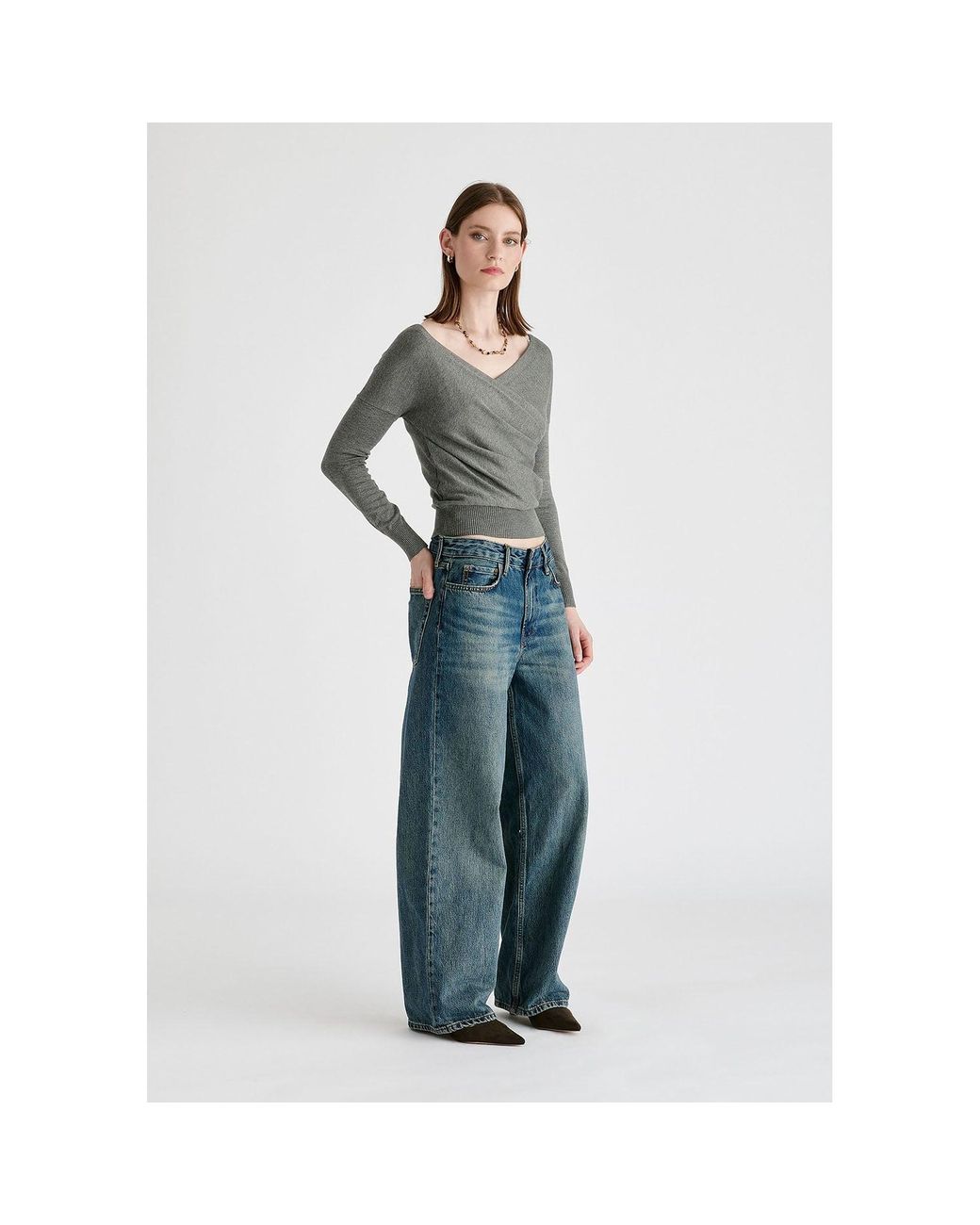 Paisie Gray Knitted Wrap Top With Long Sleeves