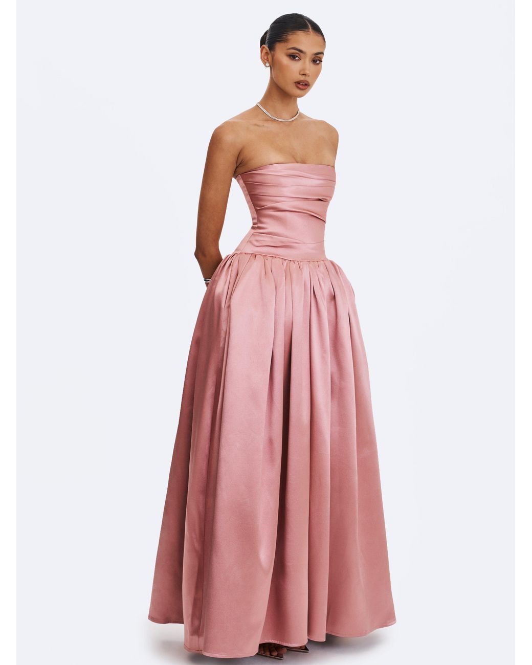 Miss Circle New York Pink Willette Deep Rose Satin Strapless Gathered Maxi Dress
