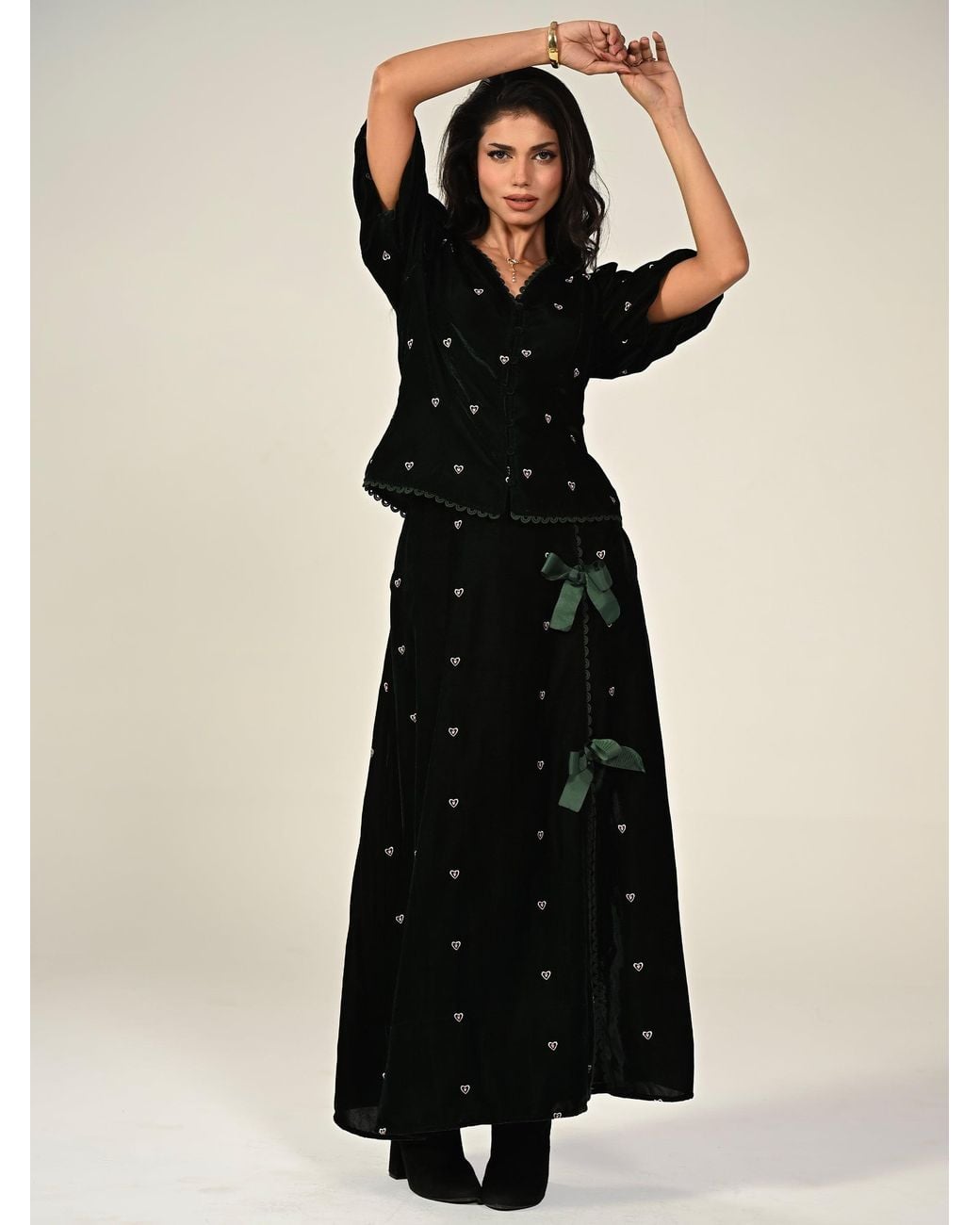 Rose & Nancy Black Illy Embroidered Heart Velvet Top
