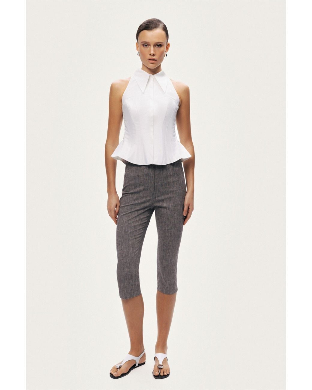 Nocturne White Structured Halter Peplum Top