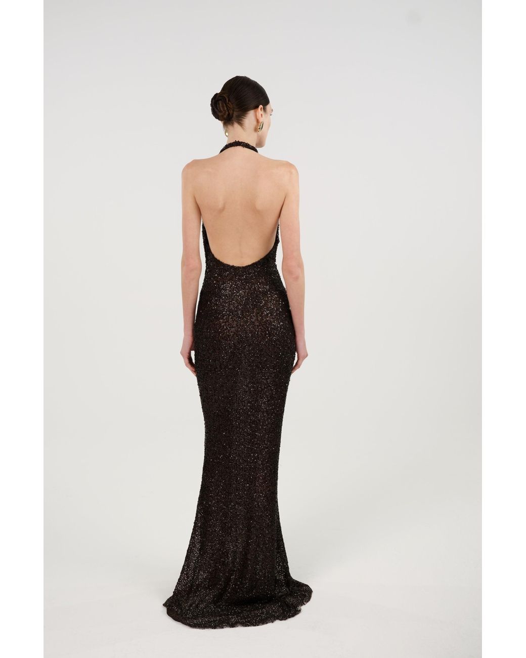 Nocturne Brown Off-Shoulder Sequin Embellished Maxi Dress