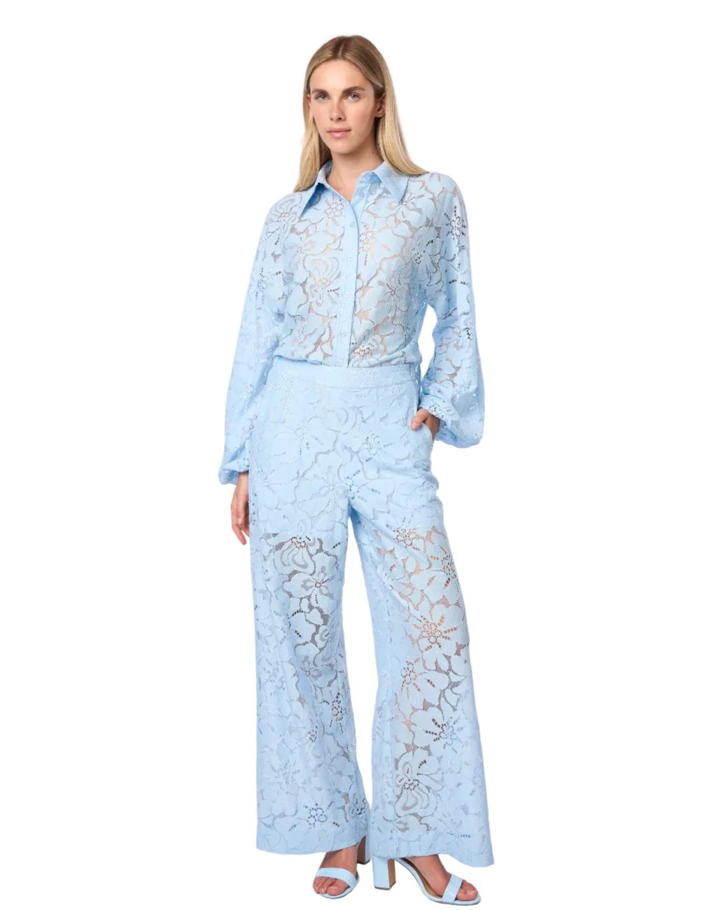 Carloslines Blue Oversized Balloon Sleeve Button Down Lace Shirt W/ Shirttail