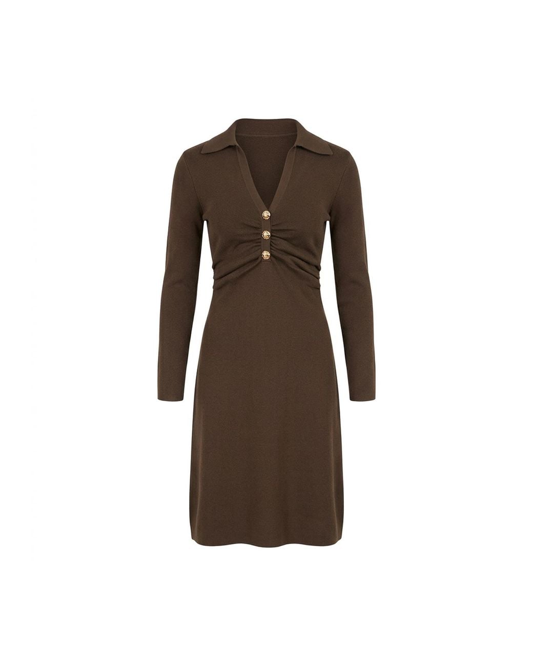 Yumi' Brown Knitted Ruched Collar Dress