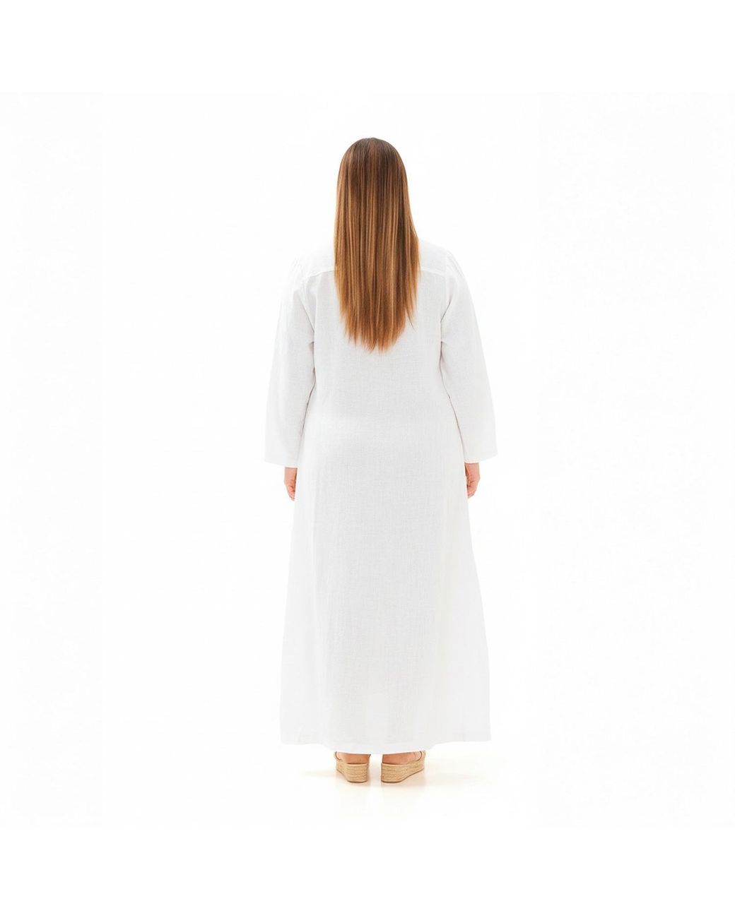 Haris Cotton White Maxi Curve Linen Dress With Front Pleat And Lapels