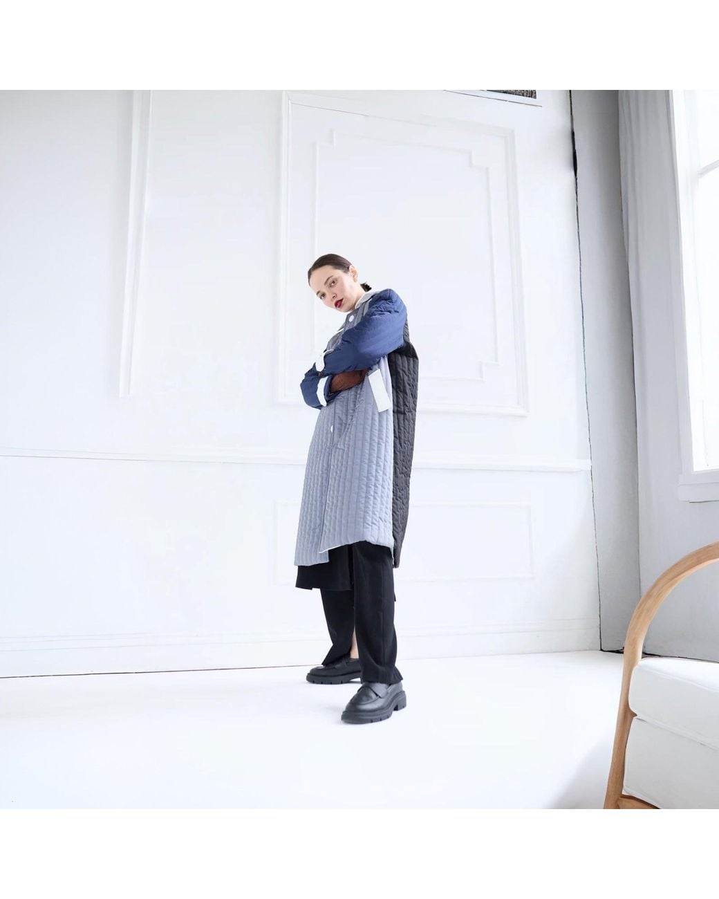 London Atelier Byproduct Blue Patchwork Colour Block Quilt Long Jacket