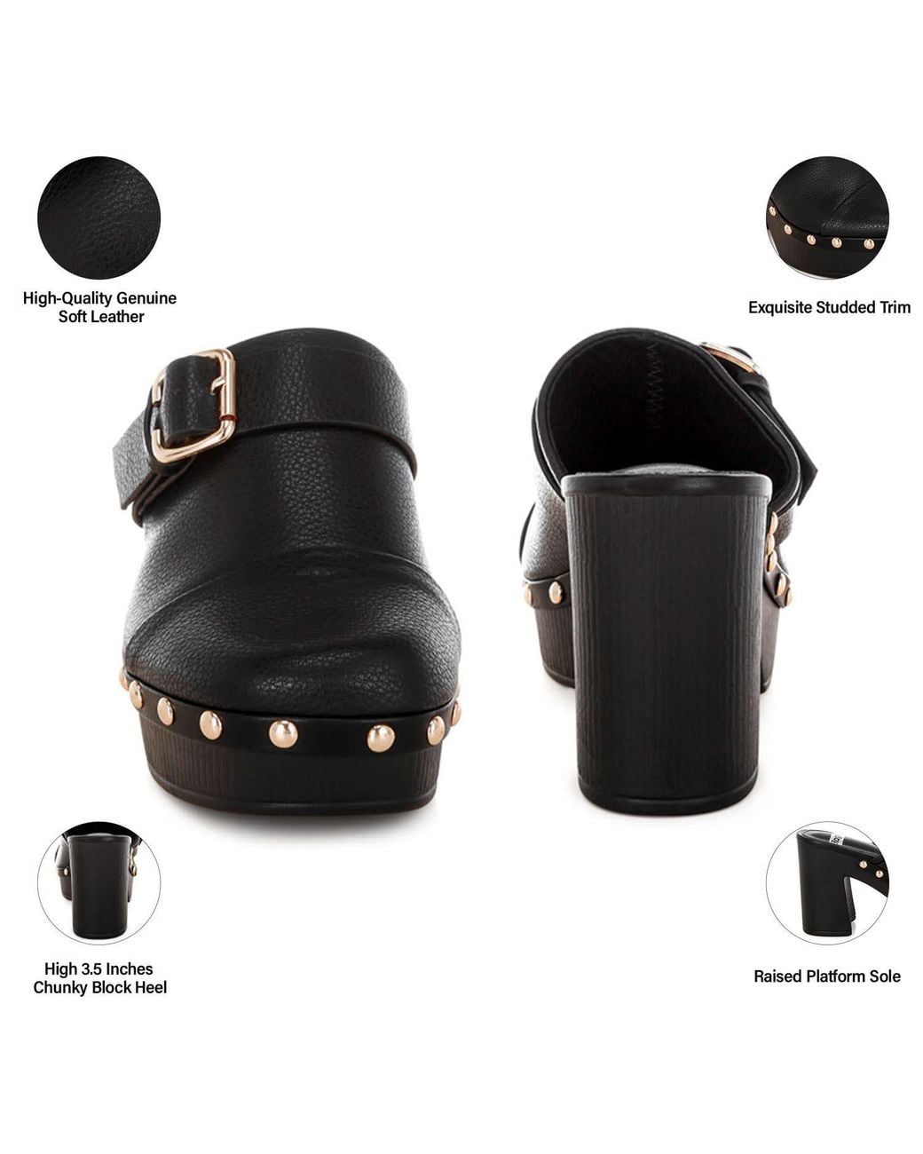 Rag & Co Black Septim Genuine Leather Studded Clog Heels