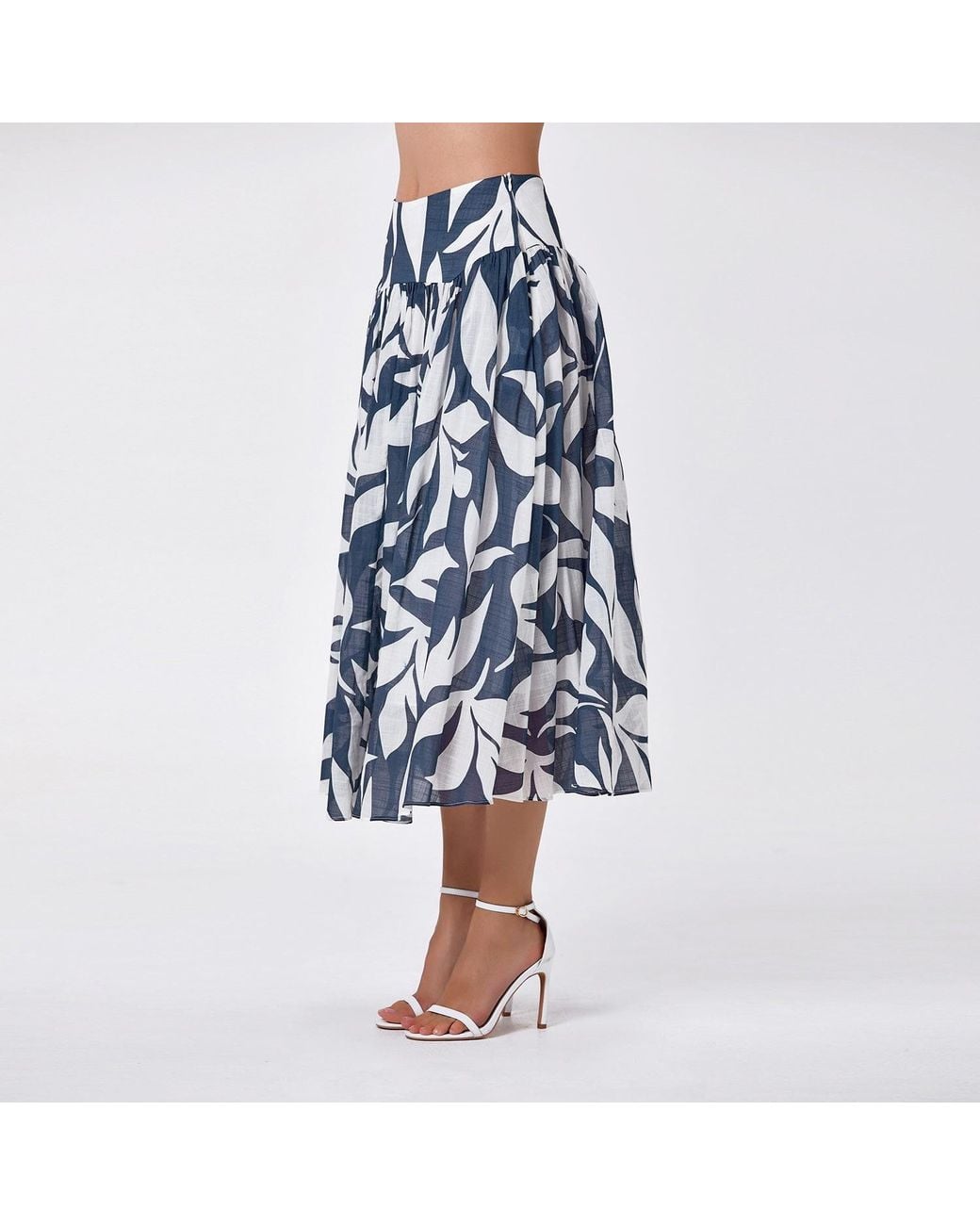 Smart and Joy Blue Midi Cotton Skirt With Leaf Print