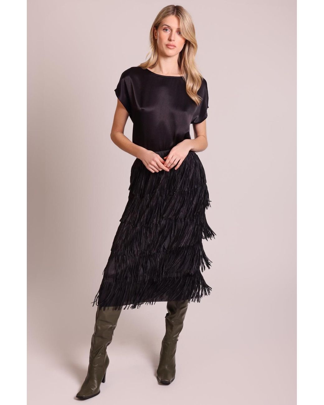Traffic People Black Anything Goes Fringed Tiered Gloria Midi Skirt