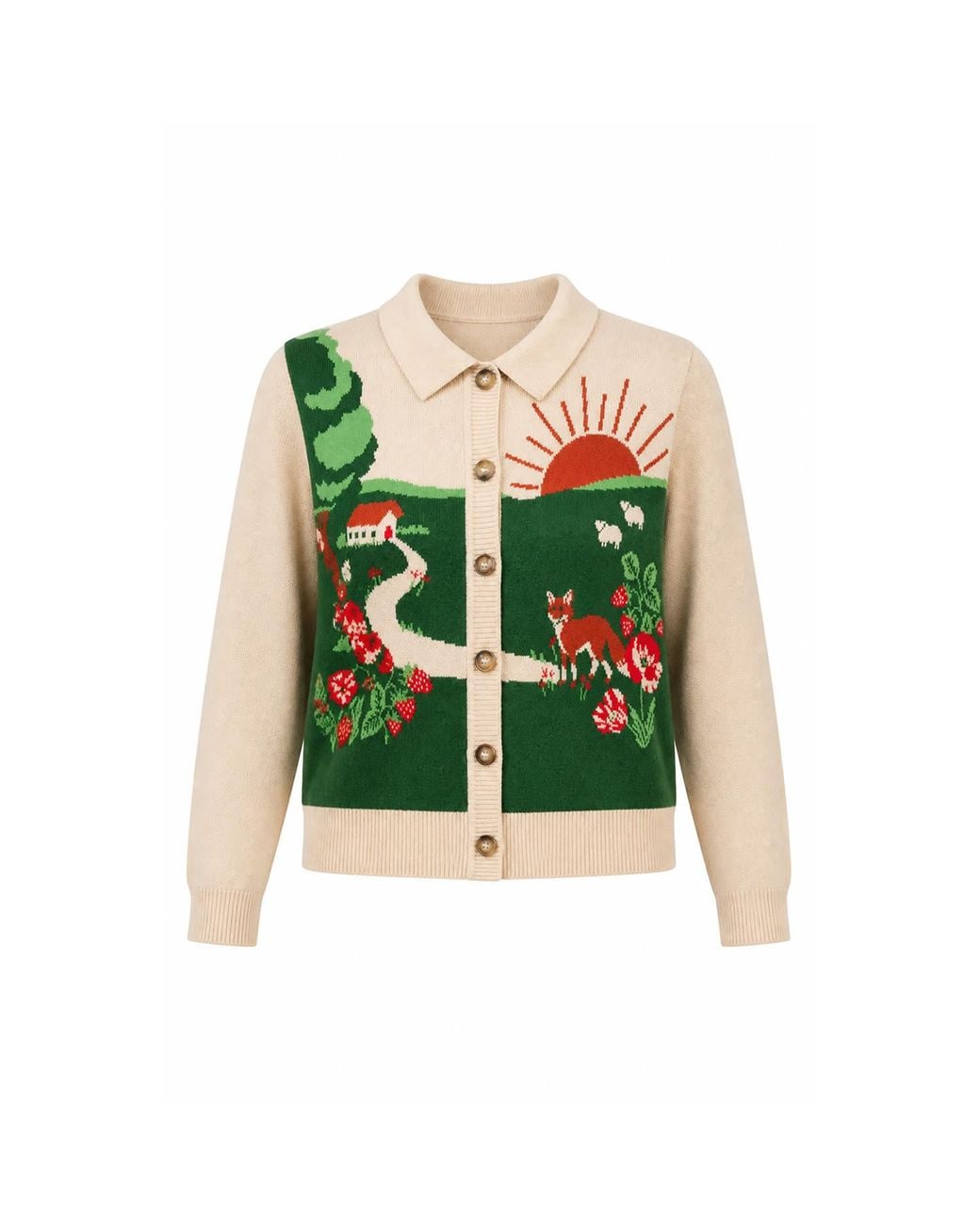 Yumi' Green Fox Scene Viscose Knitted Box Jacket