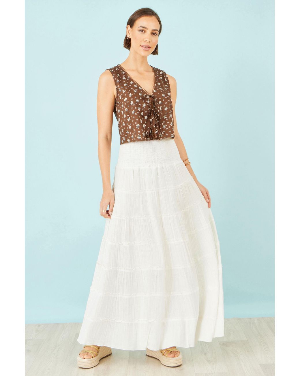 Yumi' White Double Cotton Tiered Boho Maxi Skirt