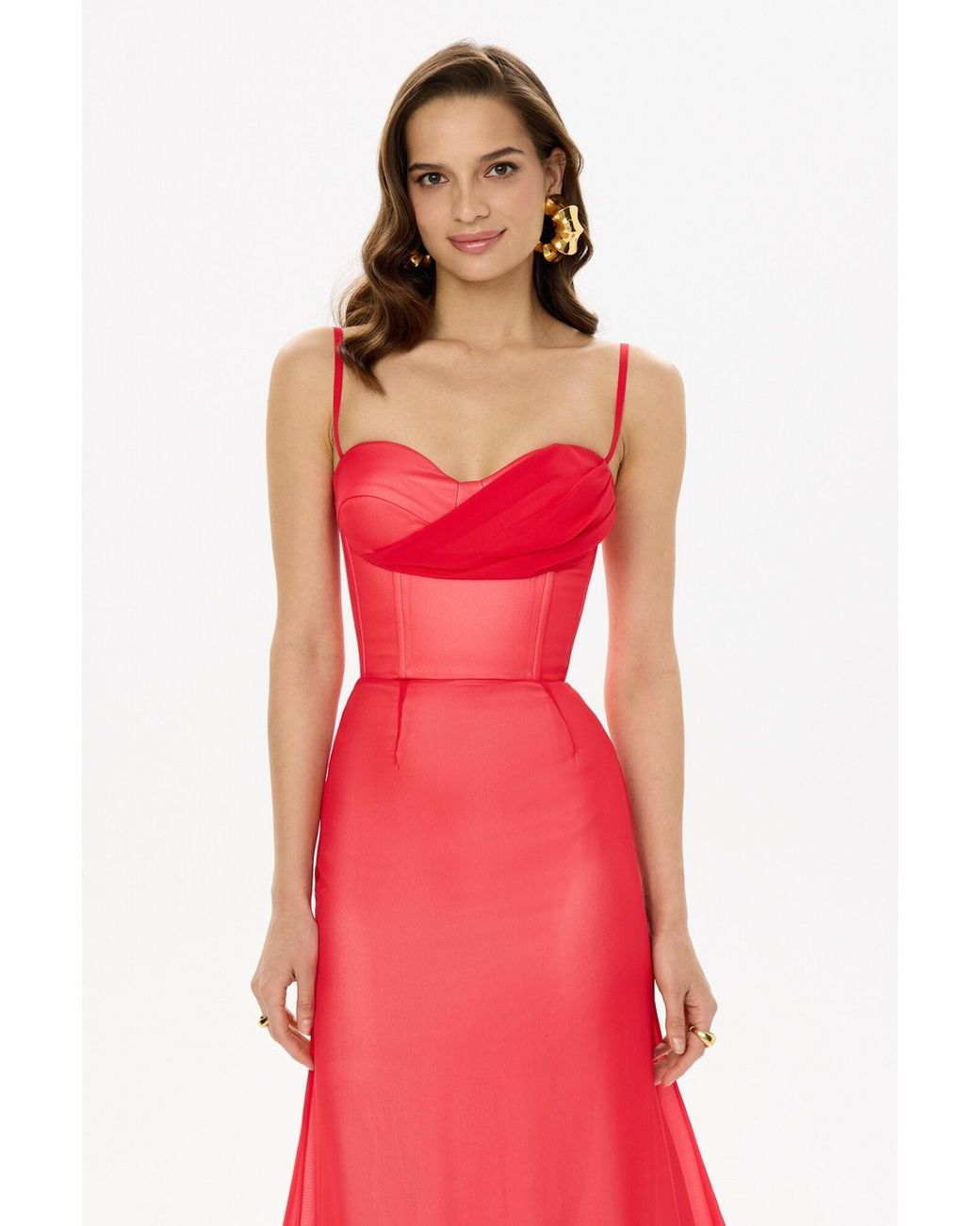 POST MERIDIEM Red Draped Bodice Bottom Flounced Bustier Dress